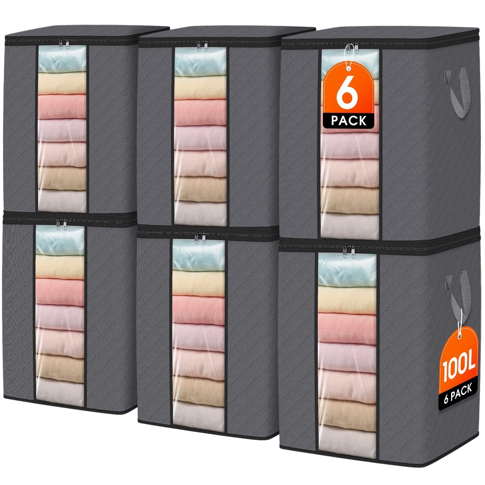SpaceWhisper 100L Clothes Storage, Foldable Thick Fabric Blanket Storage Bags, Containers for Organizing Bedroom, Closet, Clothing, Comforter,Closet Organization with Handle