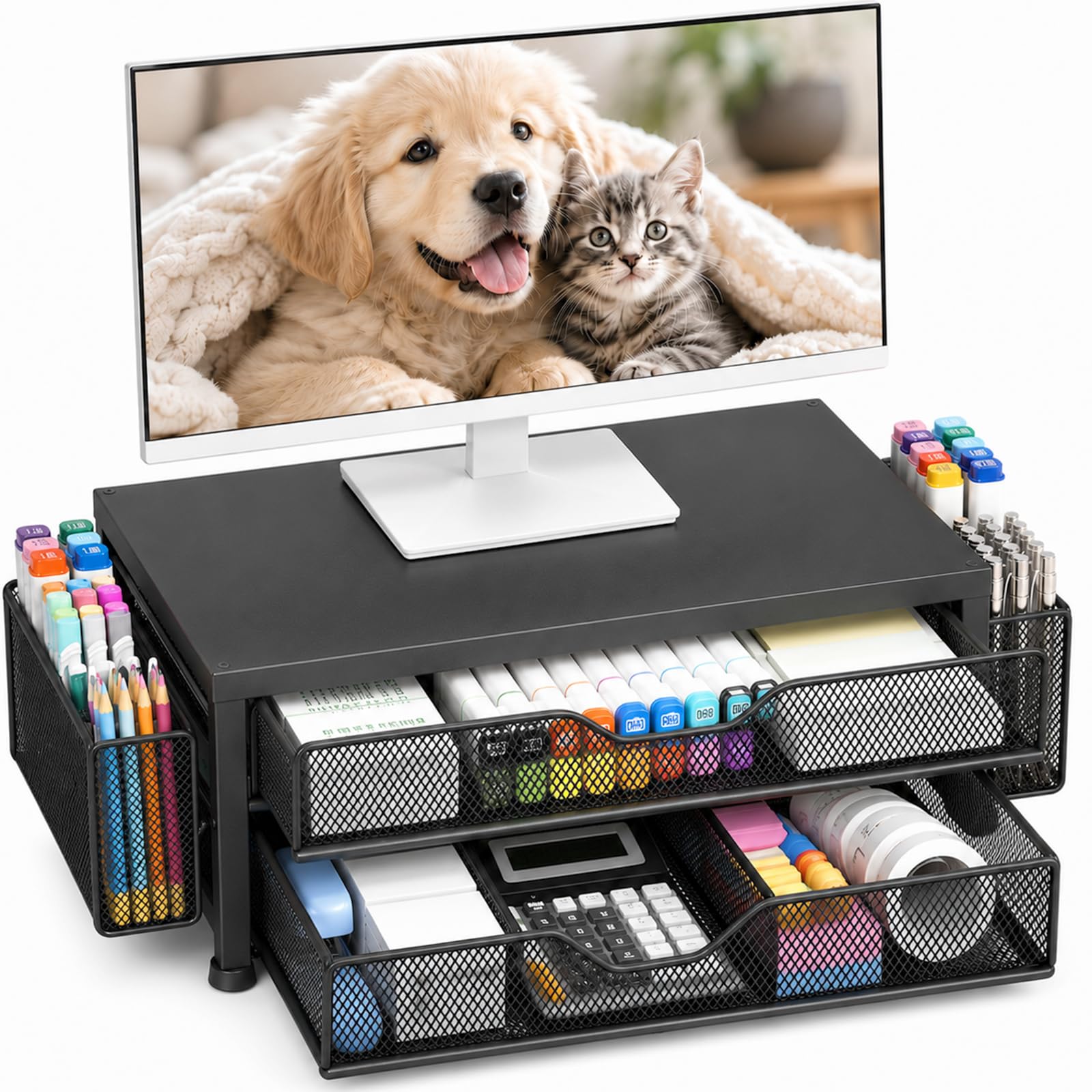 OPNICE Desk Organizer and Accessories, Computer Monitor Stand Riser with Drawer and 2 Pen Holders, Laptop Stand, Office Desk Accessories for Office Supplies