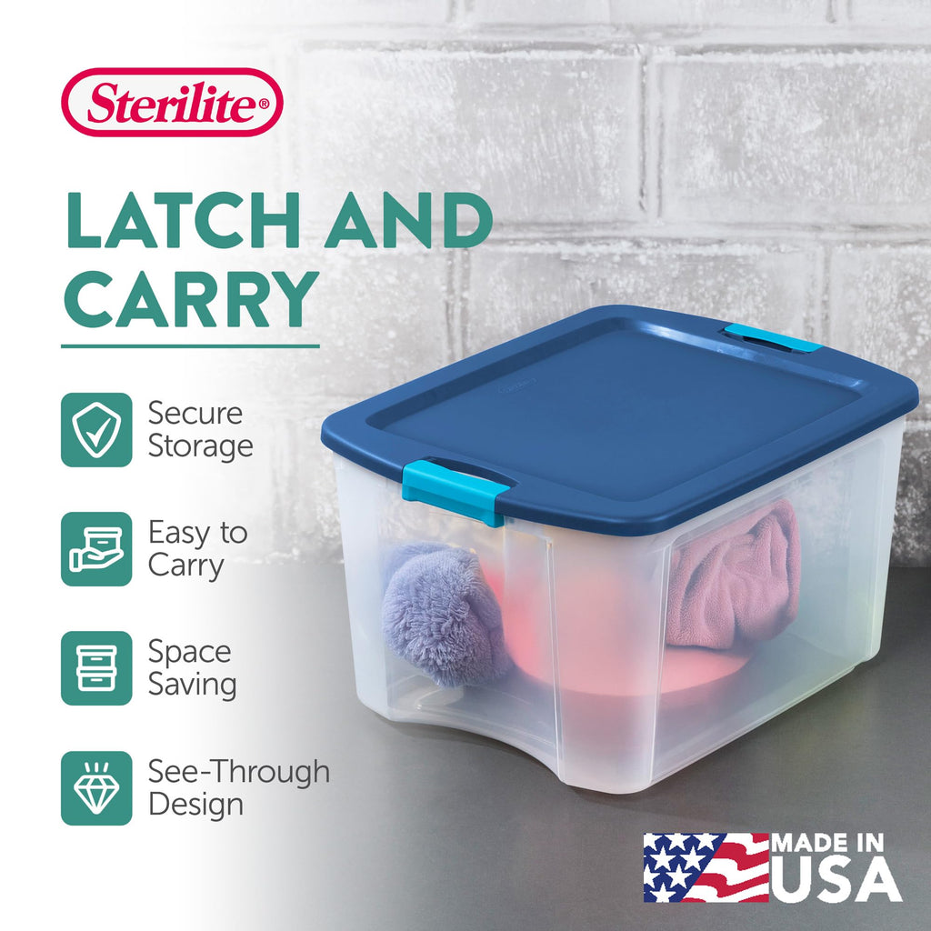 Sterilite Latch and Carry, Stackable Storage Bin with Latching Lid, Plastic Container to Organize Closets, Clear with Blue