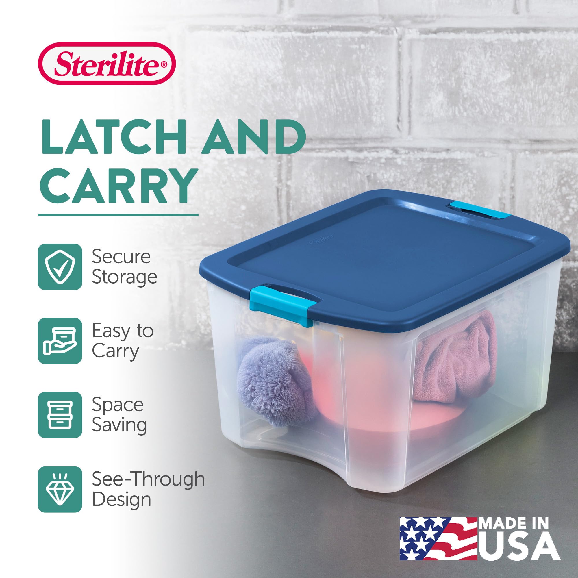 Sterilite Latch and Carry, Stackable Storage Bin with Latching Lid, Plastic Container to Organize Closets, Clear with Blue