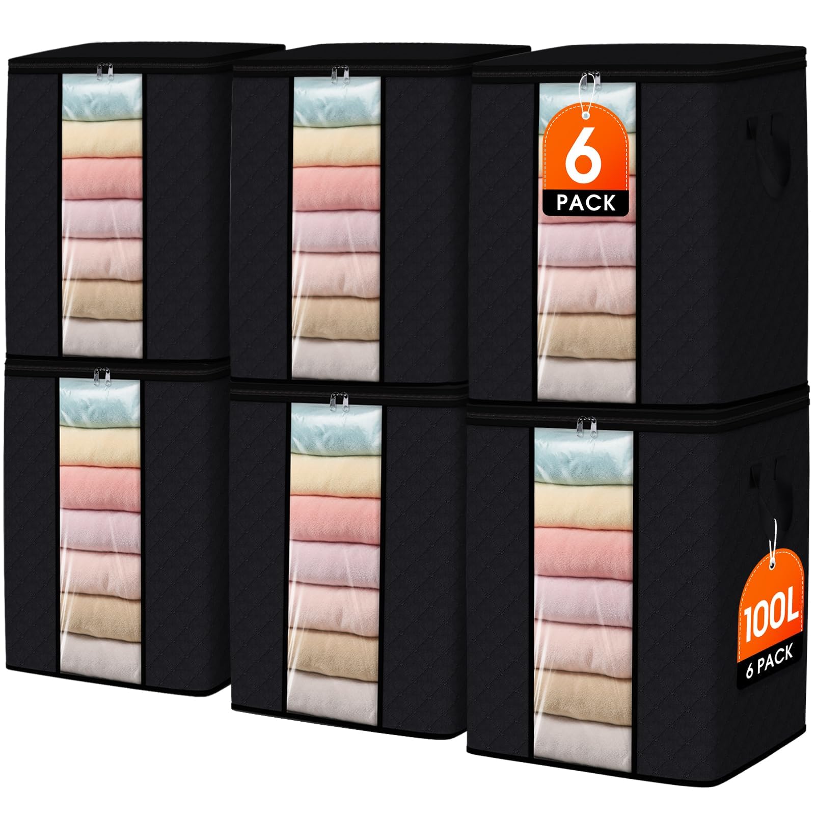 SpaceWhisper 100L Clothes Storage, Foldable Thick Fabric Blanket Storage Bags, Containers for Organizing Bedroom, Closet, Clothing, Comforter,Closet Organization with Handle