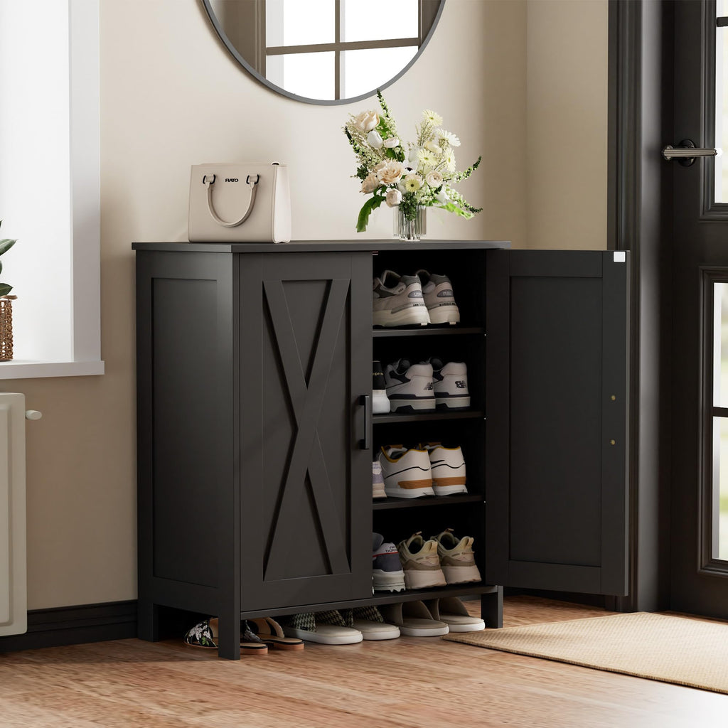 Homleke Farmhouse Shoe Cabinet with 2 Barn Doors & Wood Legs, 5-Tier Shoe Storage Cabinet with 3 Adjustable Shelves, Tall Shoe Rack Organizer for Closet, Shoe Organizer for Entryway, Hallway