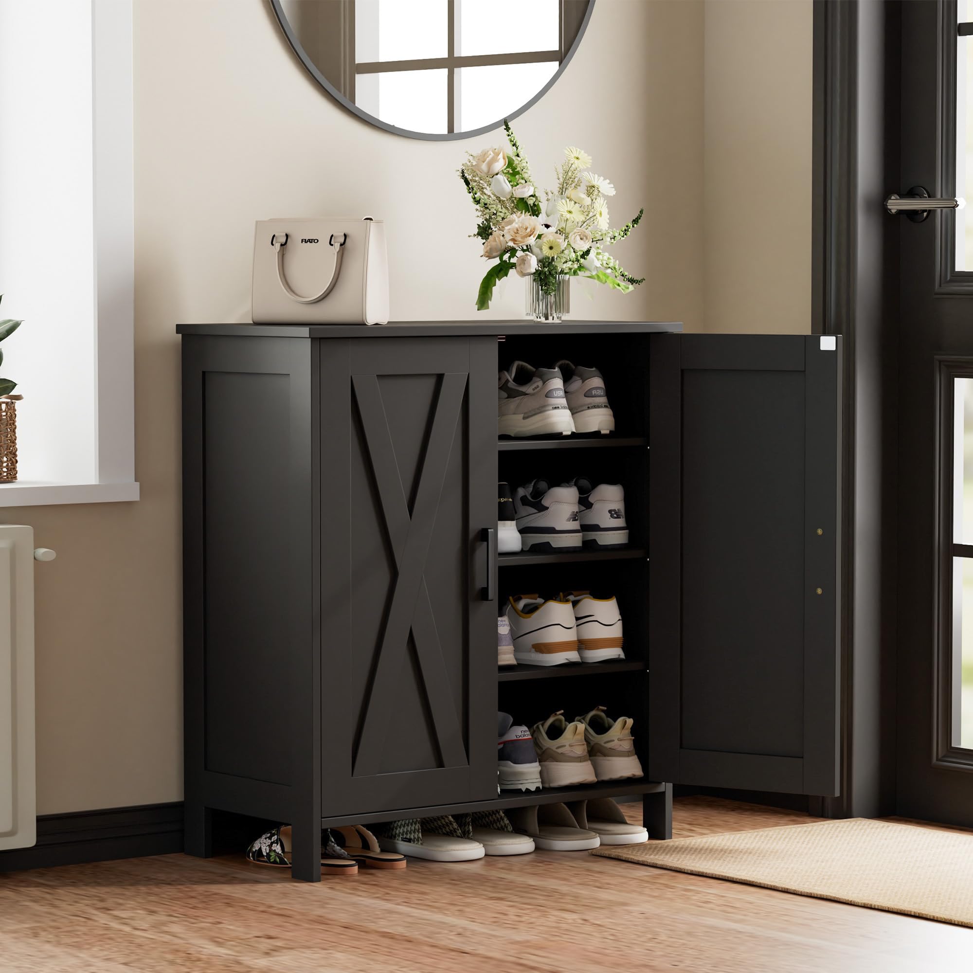 Homleke Farmhouse Shoe Cabinet with 2 Barn Doors & Wood Legs, 5-Tier Shoe Storage Cabinet with 3 Adjustable Shelves, Tall Shoe Rack Organizer for Closet, Shoe Organizer for Entryway, Hallway