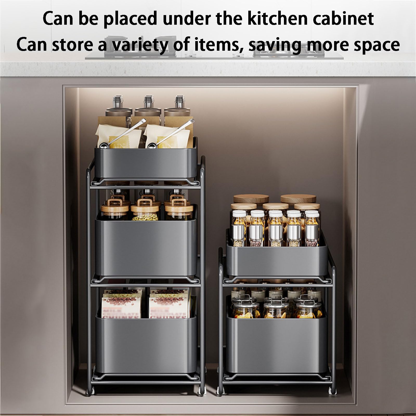 3 Tier Under Sink Organizer and Storage with Sliding Storage Drawer, Height: 53.5Cm Pull Out Cabinet Organizer No Drilling and Nailing for Kitchen, Bathroom, Pantry