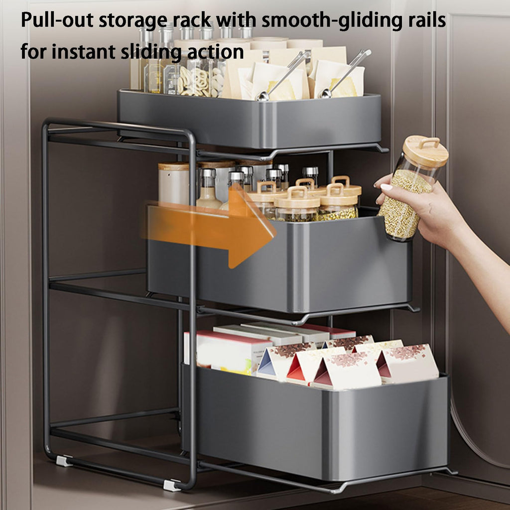 3 Tier Under Sink Organizer and Storage with Sliding Storage Drawer, Height: 53.5Cm Pull Out Cabinet Organizer No Drilling and Nailing for Kitchen, Bathroom, Pantry