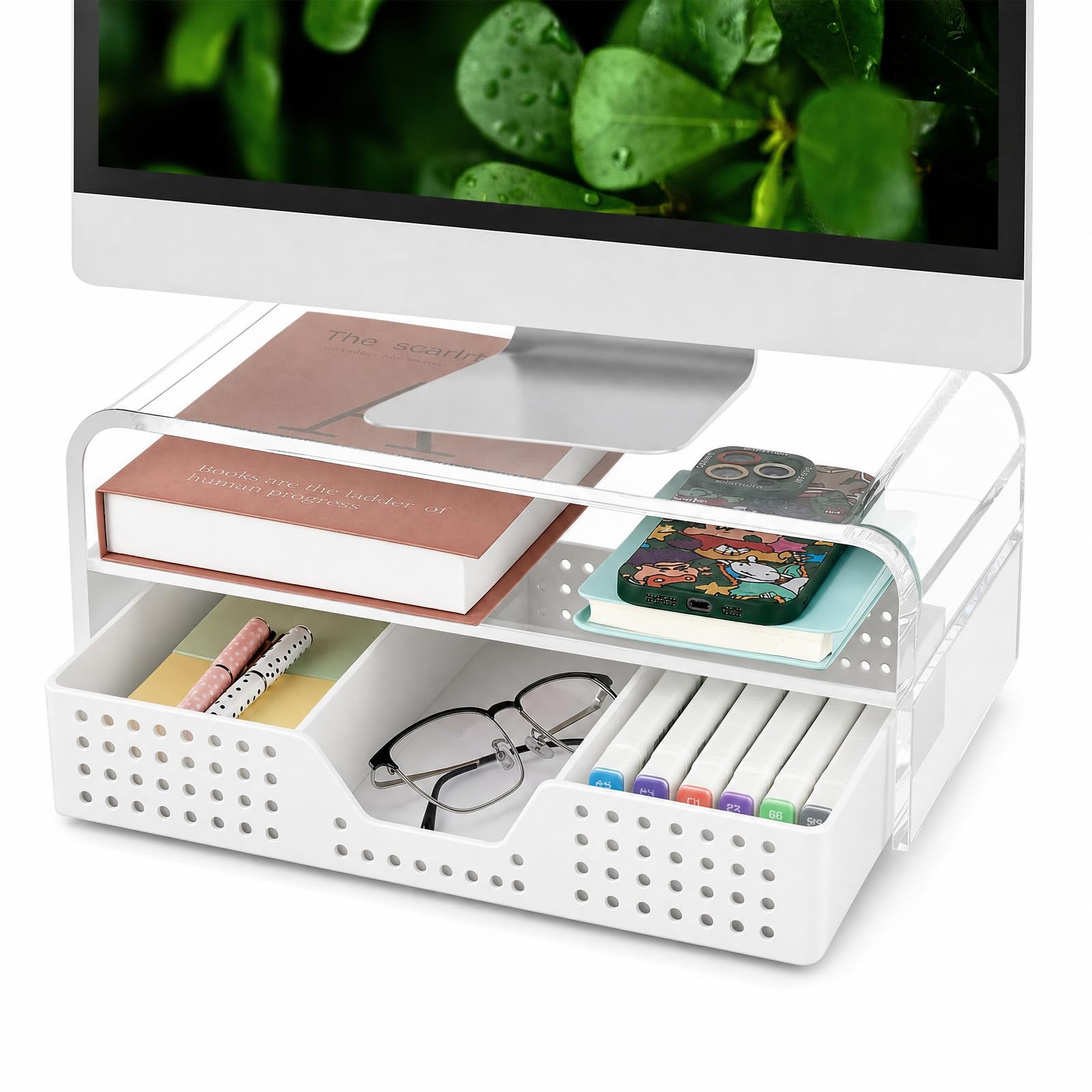 OPNICE Desk Organizer and Accessories, Computer Monitor Stand Riser with Drawer and 2 Pen Holders, Laptop Stand, Office Desk Accessories for Office Supplies