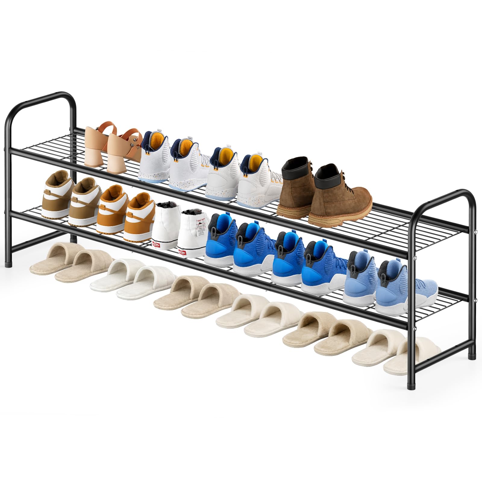 KEETDY 3-Tier Long Shoe Rack for Closet Metal Shoe Organizer for Entryway, Wide Stackable Shoe Storage Shelf with Sturdy Wire Grid for Closet Floor, Bedroom
