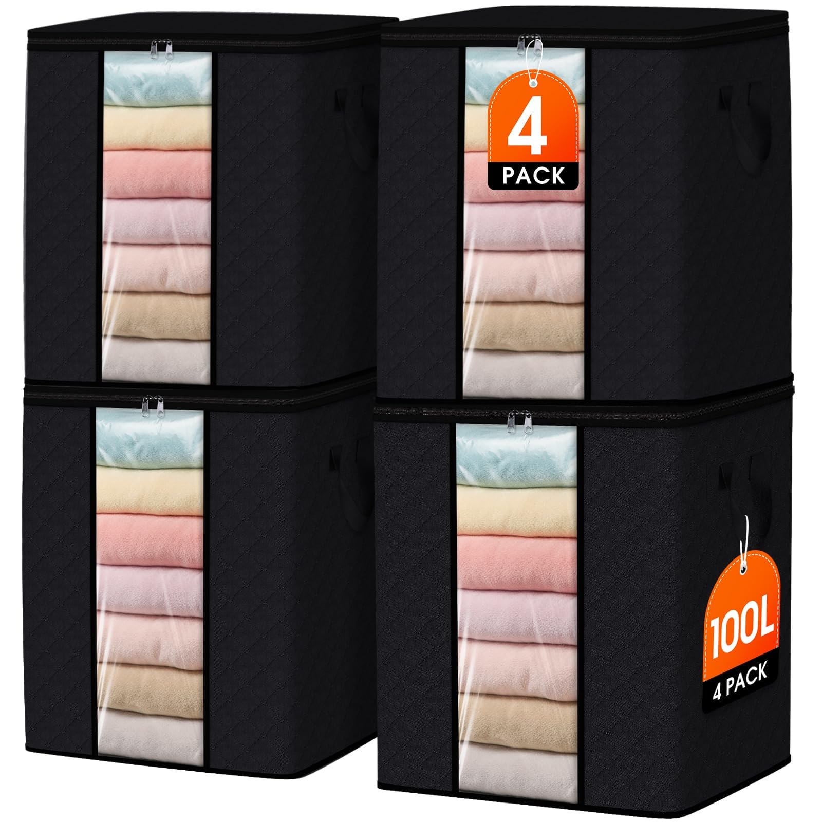 SpaceWhisper 100L Clothes Storage, Foldable Thick Fabric Blanket Storage Bags, Containers for Organizing Bedroom, Closet, Clothing, Comforter,Closet Organization with Handle