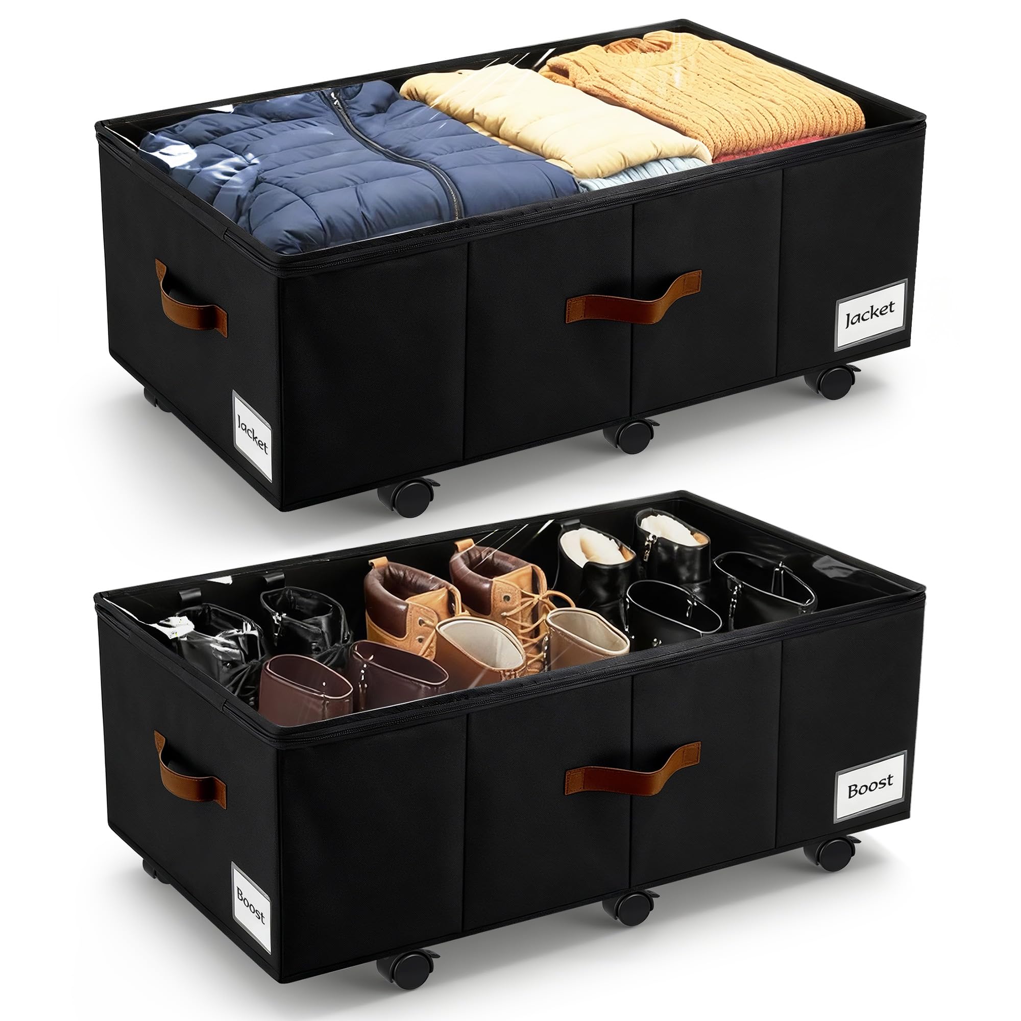 VatFott Under Bed Storage with Wheels,Underbed Storage with Sturdy Sidewalls/Bottom, Clear Cover, Label and PU Handle, Rolling Under Bed Drawers for Clothes, Shoes, Toys, Blankets