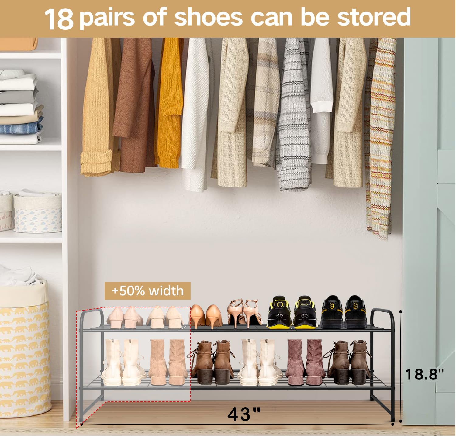 KEETDY 3-Tier Long Shoe Rack for Closet Metal Shoe Organizer for Entryway, Wide Stackable Shoe Storage Shelf with Sturdy Wire Grid for Closet Floor, Bedroom