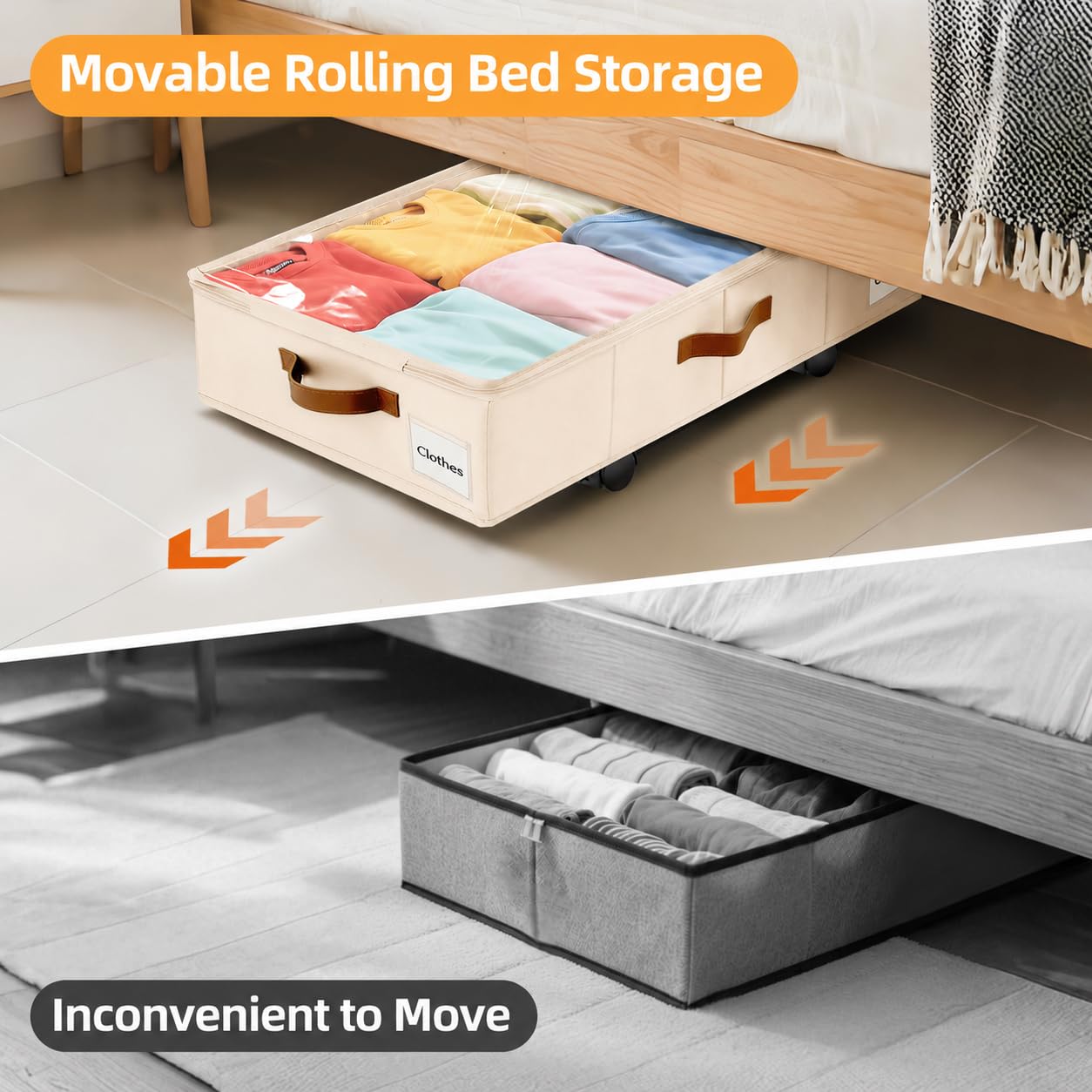 VatFott Under Bed Storage with Wheels,Underbed Storage with Sturdy Sidewalls/Bottom, Clear Cover, Label and PU Handle, Rolling Under Bed Drawers for Clothes, Shoes, Toys, Blankets