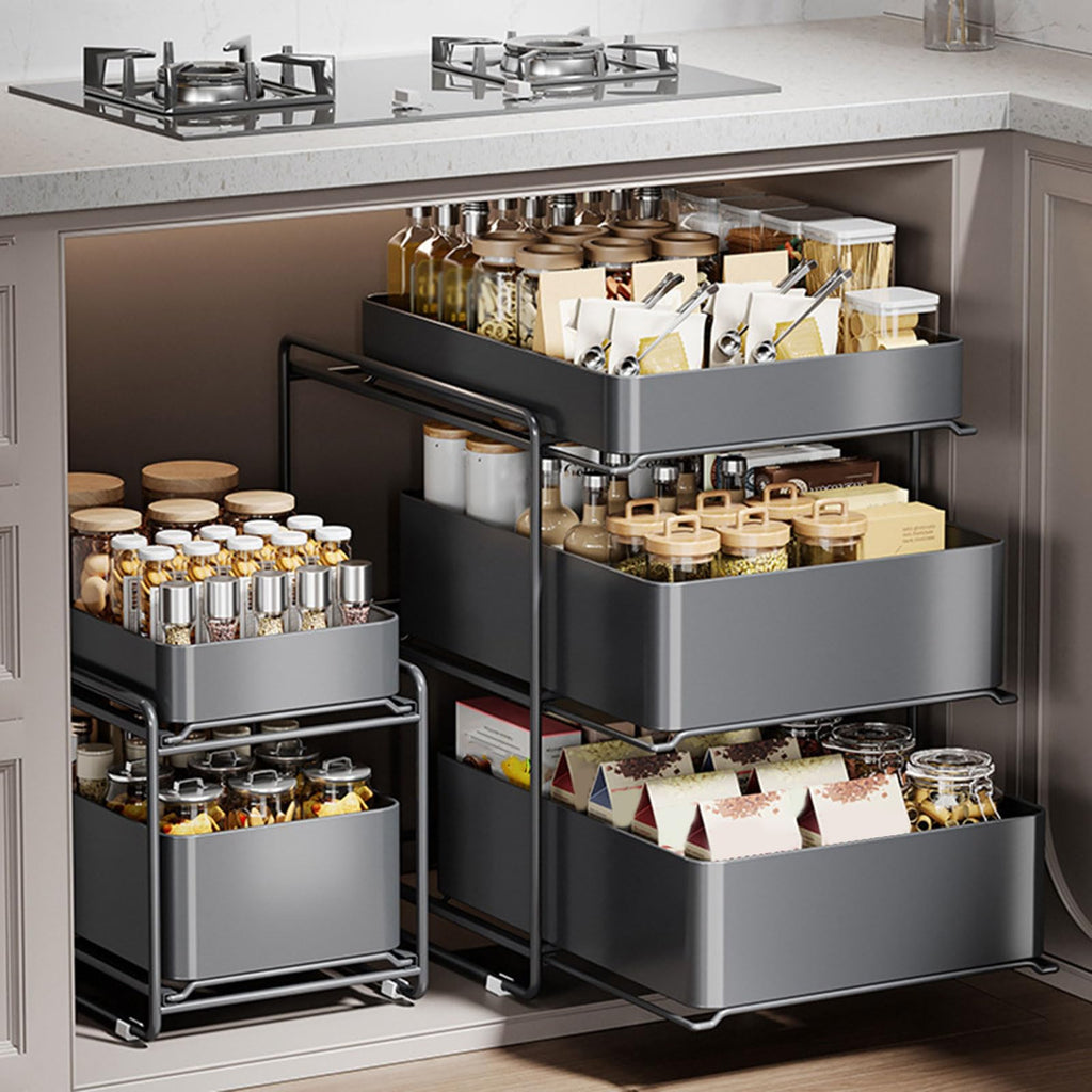 3 Tier Under Sink Organizer and Storage with Sliding Storage Drawer, Height: 53.5Cm Pull Out Cabinet Organizer No Drilling and Nailing for Kitchen, Bathroom, Pantry