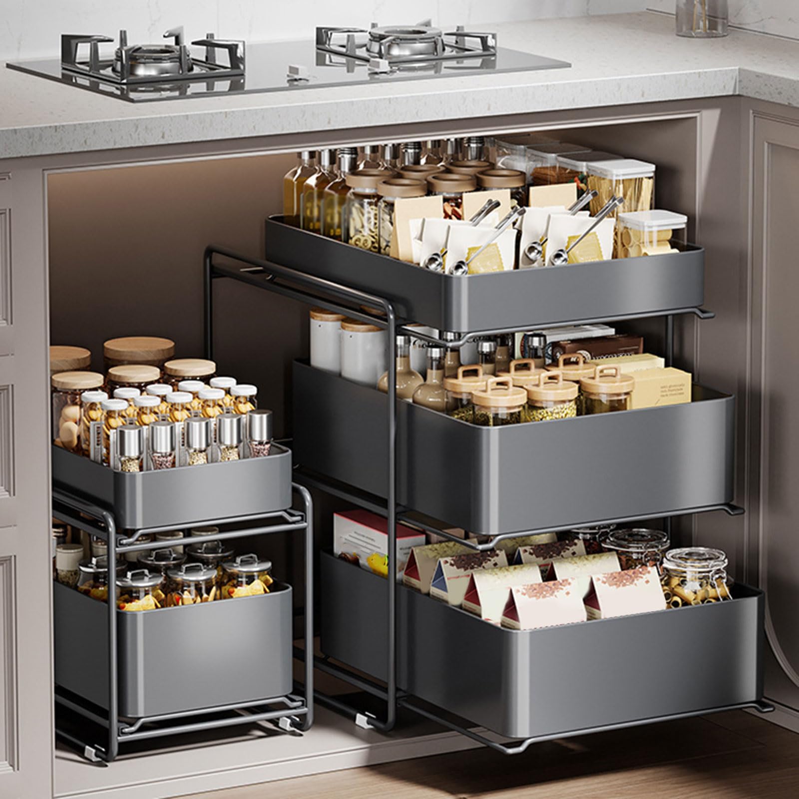 3 Tier Under Sink Organizer and Storage with Sliding Storage Drawer, Height: 53.5Cm Pull Out Cabinet Organizer No Drilling and Nailing for Kitchen, Bathroom, Pantry