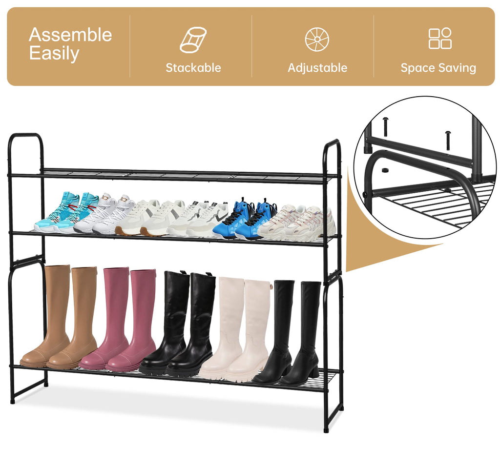 KEETDY 3-Tier Long Shoe Rack for Closet Metal Shoe Organizer for Entryway, Wide Stackable Shoe Storage Shelf with Sturdy Wire Grid for Closet Floor, Bedroom