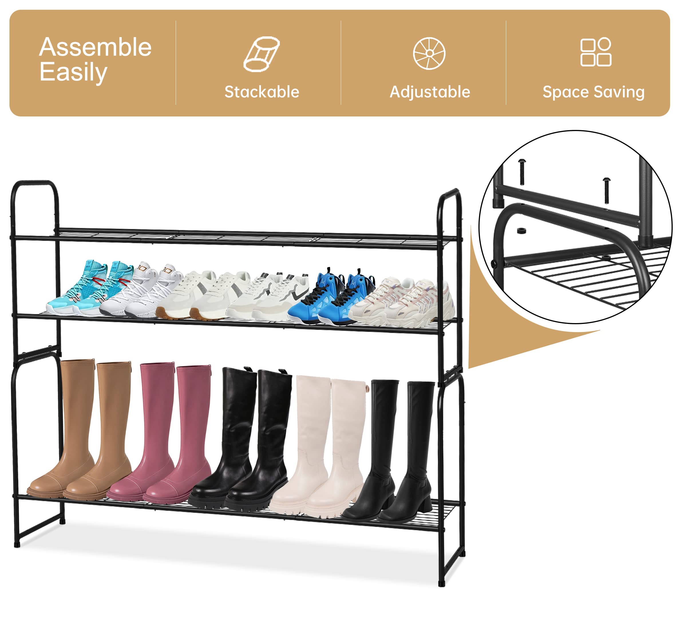 KEETDY 3-Tier Long Shoe Rack for Closet Metal Shoe Organizer for Entryway, Wide Stackable Shoe Storage Shelf with Sturdy Wire Grid for Closet Floor, Bedroom