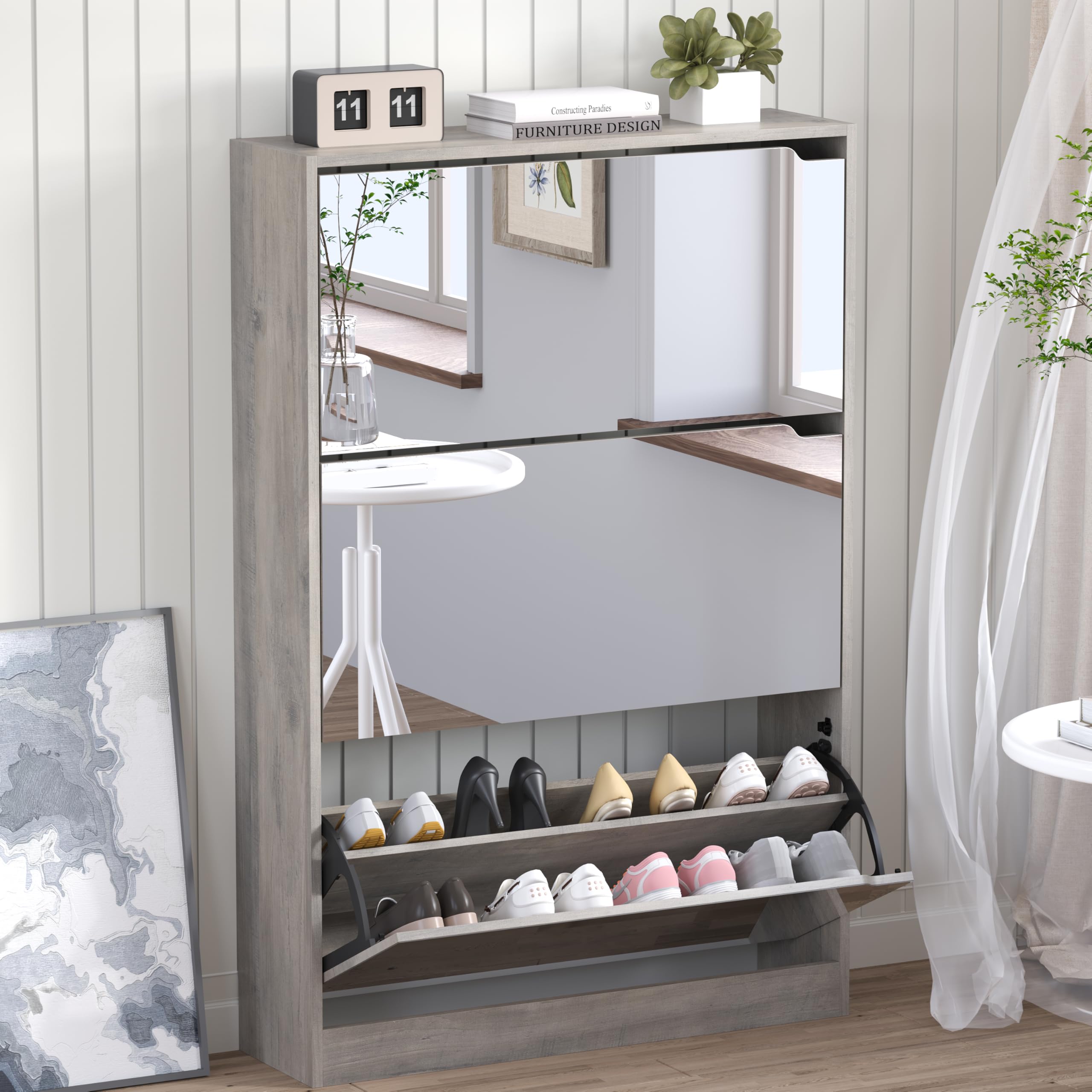 BORNOON Shoe Cabinet, Slim Narrow Shoe Storage Cabinet, Freestanding Shoe Organizer with Adjustable & Removable Shelves, Top Display Shelf for Entryway, Hallway, Foyer, Closet