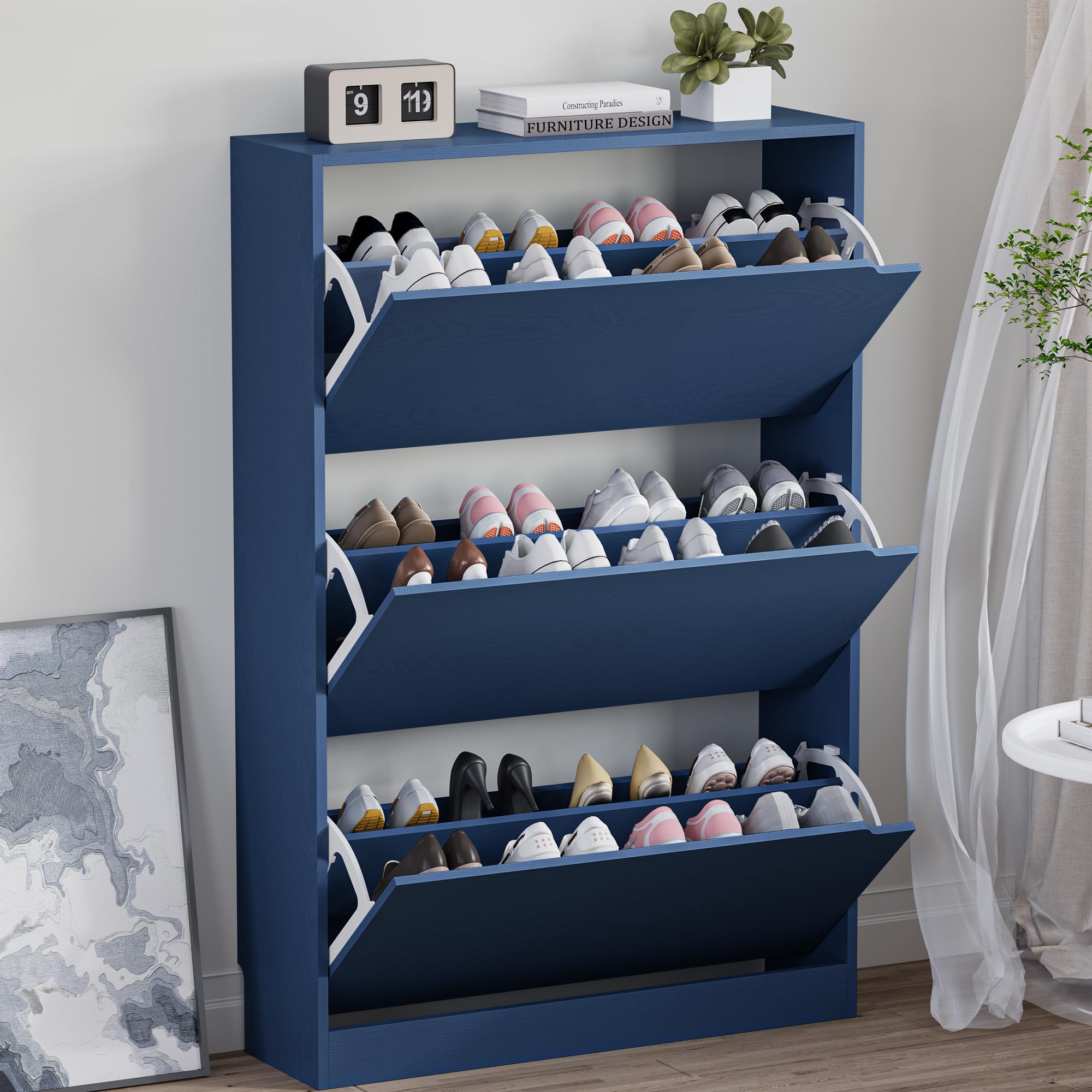 BORNOON Shoe Cabinet, Slim Narrow Shoe Storage Cabinet, Freestanding Shoe Organizer with Adjustable & Removable Shelves, Top Display Shelf for Entryway, Hallway, Foyer, Closet