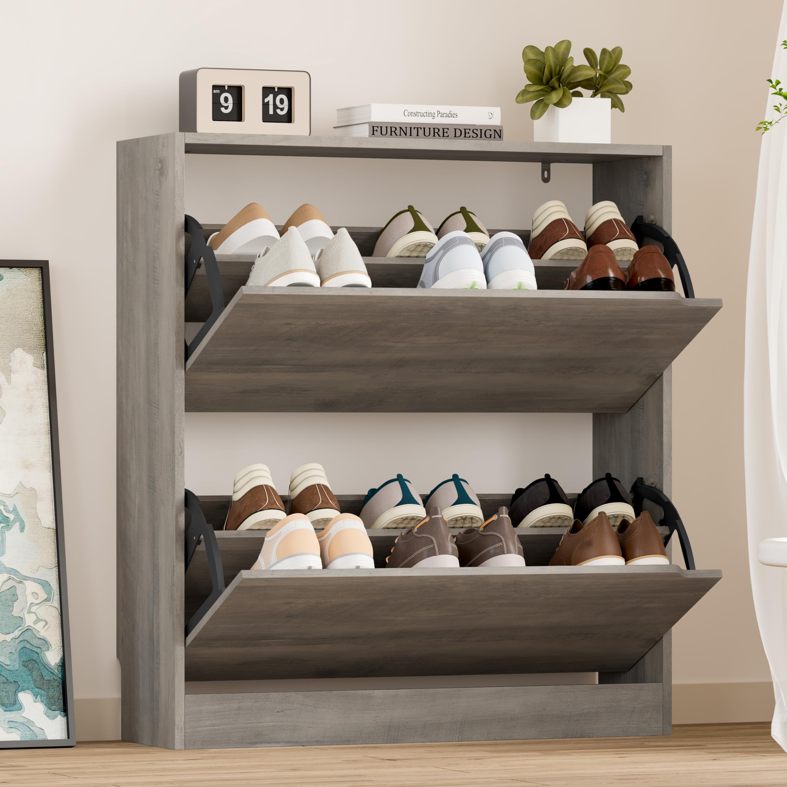 BORNOON Shoe Cabinet, Slim Narrow Shoe Storage Cabinet, Freestanding Shoe Organizer with Adjustable & Removable Shelves, Top Display Shelf for Entryway, Hallway, Foyer, Closet