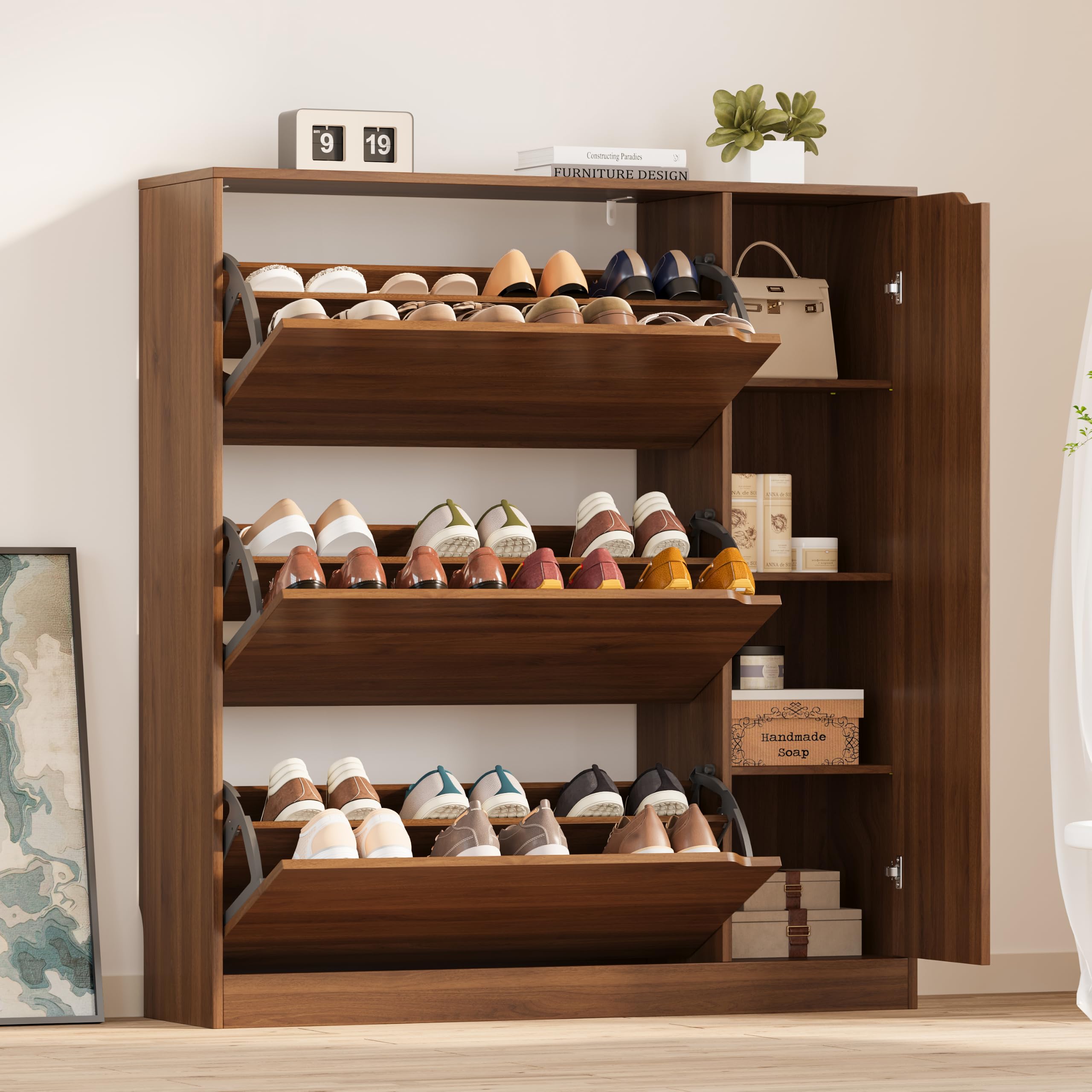 BORNOON Shoe Cabinet, Slim Narrow Shoe Storage Cabinet, Freestanding Shoe Organizer with Adjustable & Removable Shelves, Top Display Shelf for Entryway, Hallway, Foyer, Closet