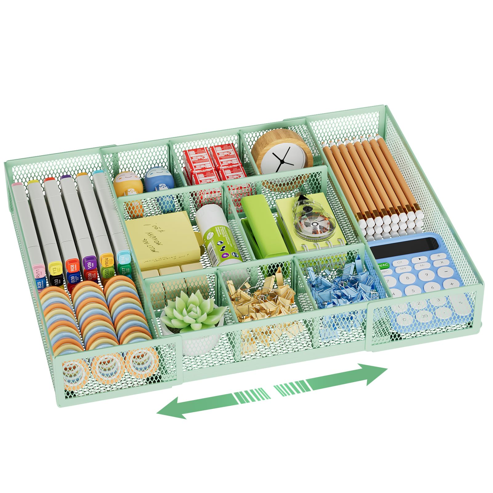 Marbrasse Expandable Desk Drawer Organizer with 10 Adjustable Compartments, Mesh Tray for Office Supplies, Makeup & Vanity