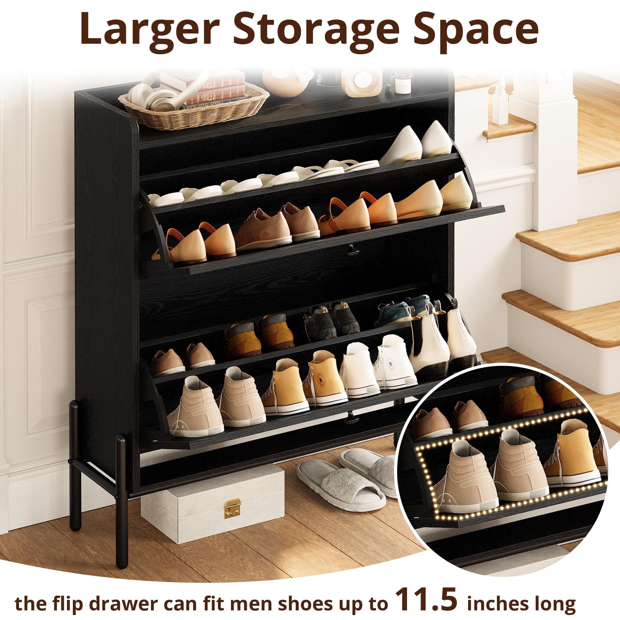 IRONCK Shoe Cabinet Storage with 2 Flip Drawers, Free Standing Wooden Shoe Storage Organizer Cabinet with Rattan Doors for Entryway, Narrow Shoe Rack Cabinet