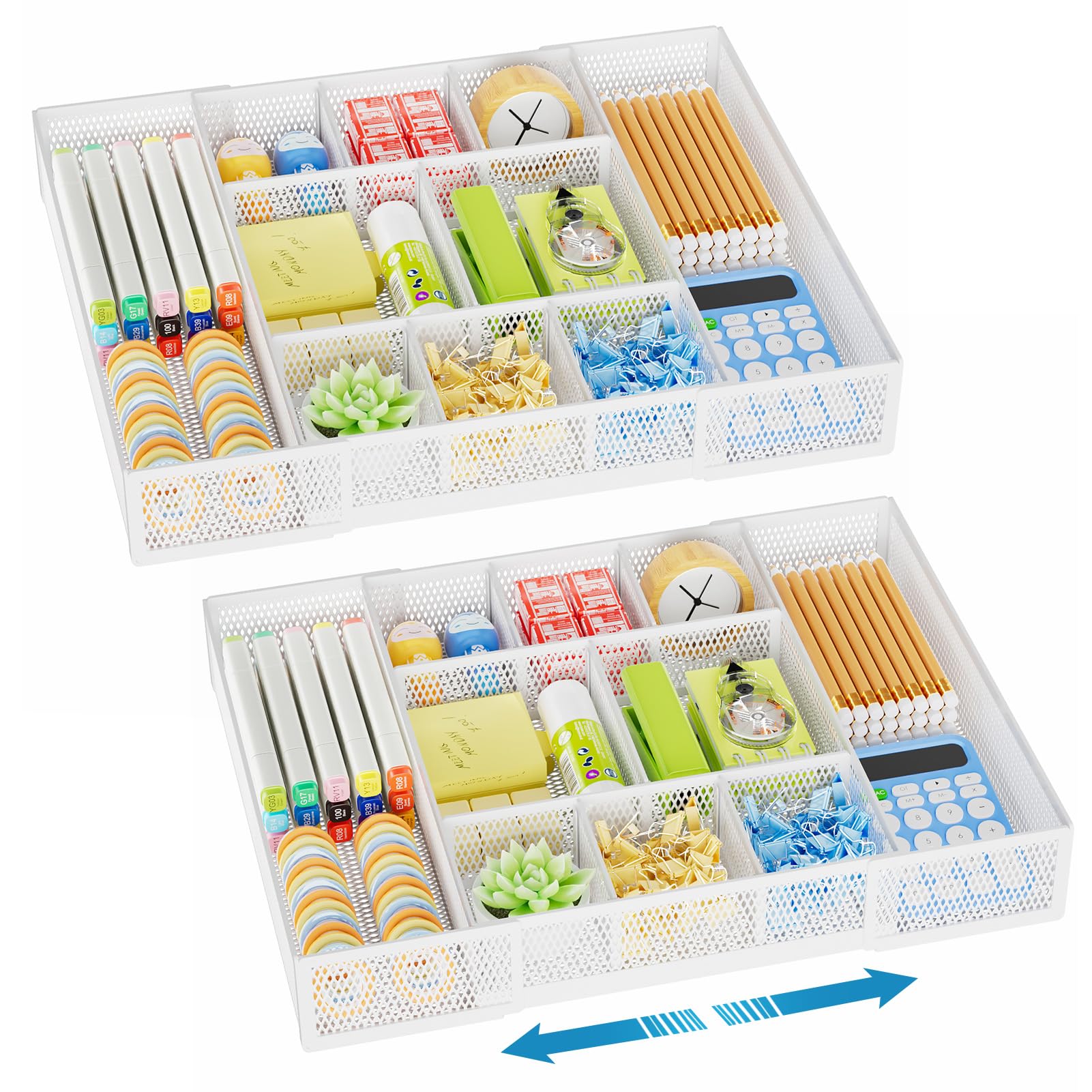 Marbrasse Expandable Desk Drawer Organizer with 10 Adjustable Compartments, Mesh Tray for Office Supplies, Makeup & Vanity
