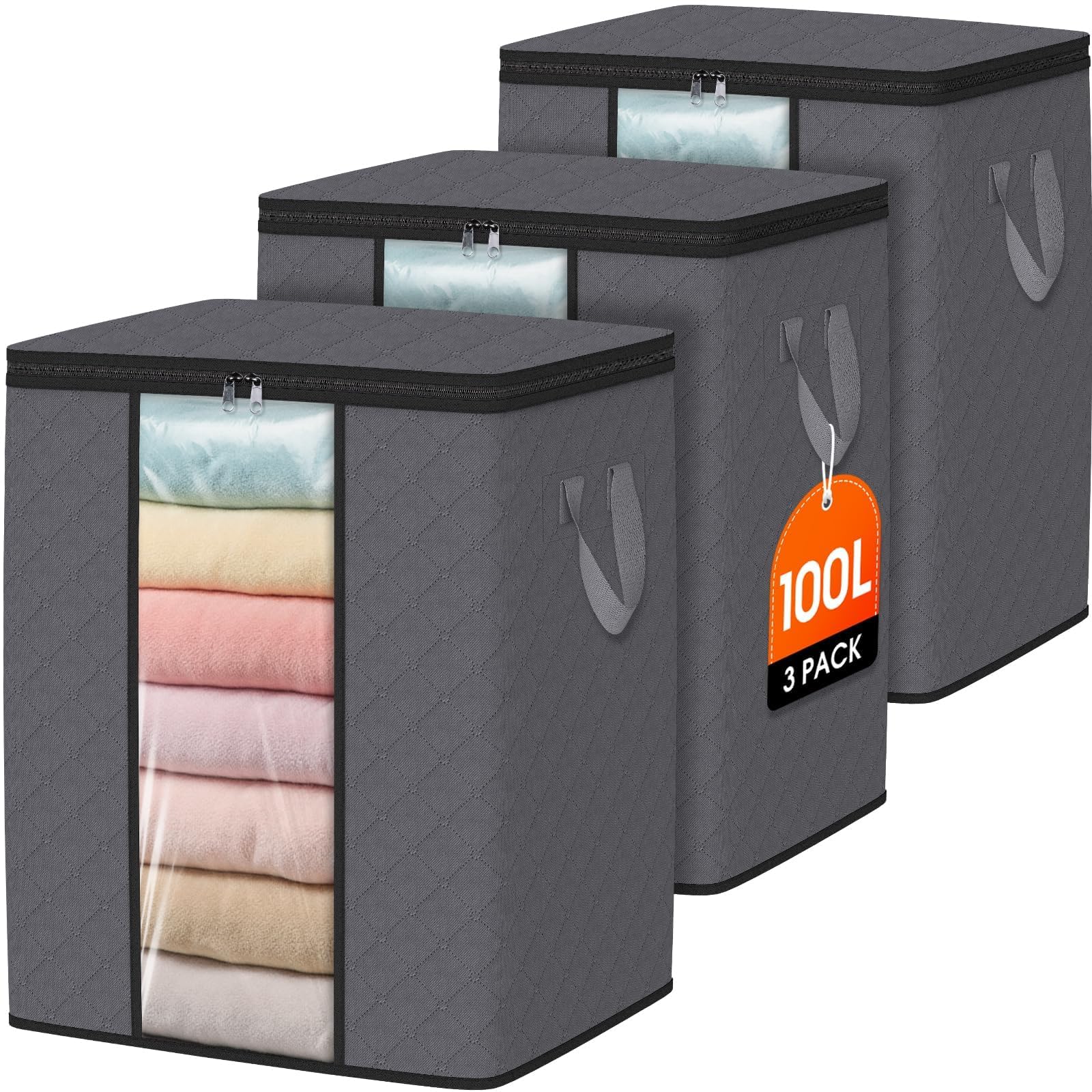 SpaceWhisper 100L Clothes Storage, Foldable Thick Fabric Blanket Storage Bags, Containers for Organizing Bedroom, Closet, Clothing, Comforter,Closet Organization with Handle
