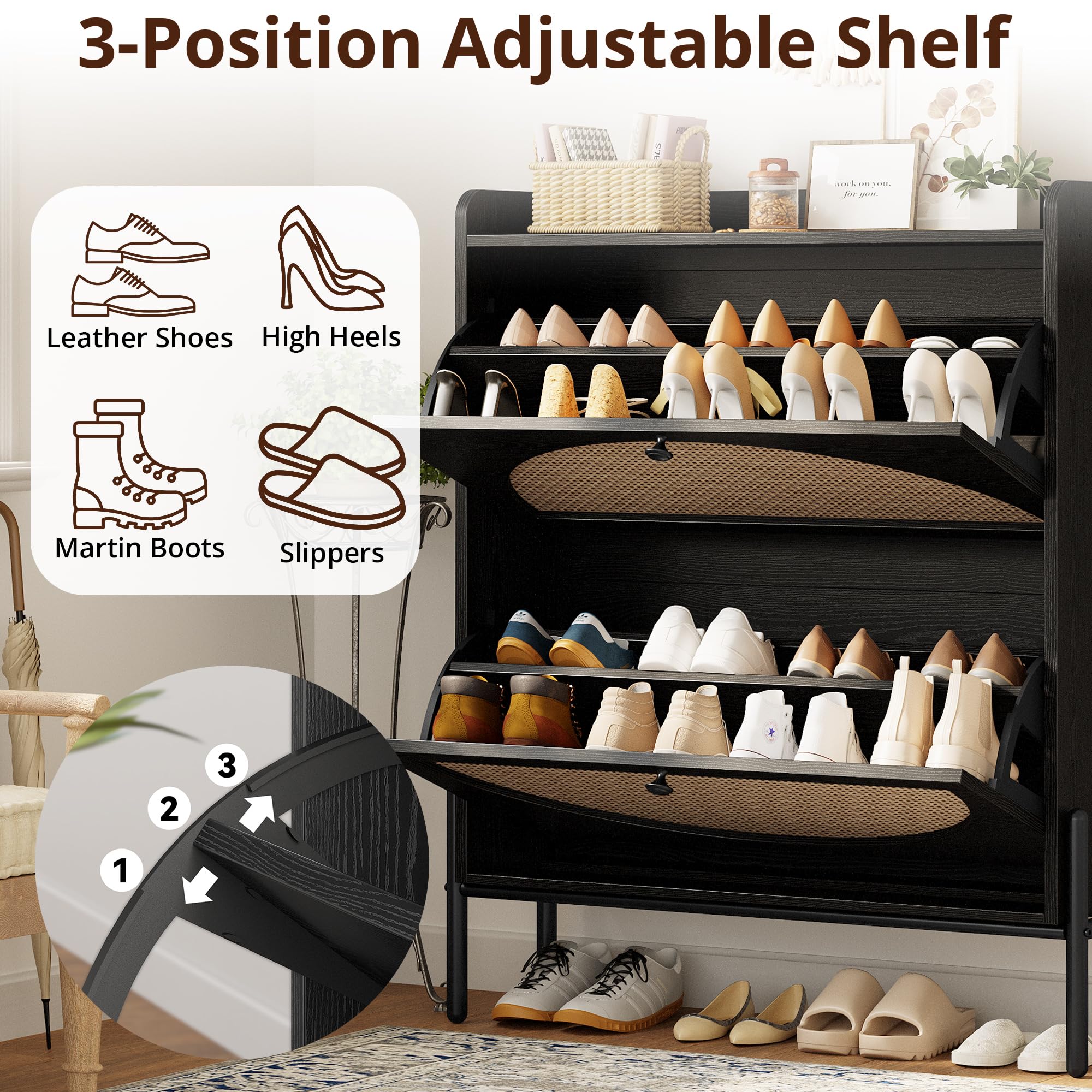 IRONCK Shoe Cabinet Storage with 2 Flip Drawers, Free Standing Wooden Shoe Storage Organizer Cabinet with Rattan Doors for Entryway, Narrow Shoe Rack Cabinet
