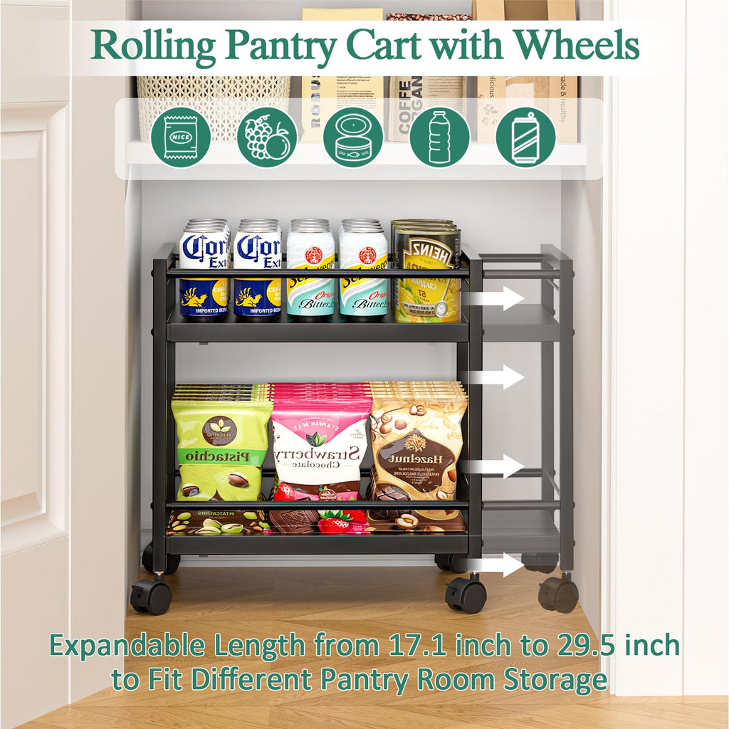 3IngSeagulls 2-Tier Expandable Rolling Pantry Cart with Wheels, Adjustable Floor Organizer for Kitchen Pantry, Can Organizer for Pantry, Storage Cart for Snack, Food, Vegetables, Patent Pending