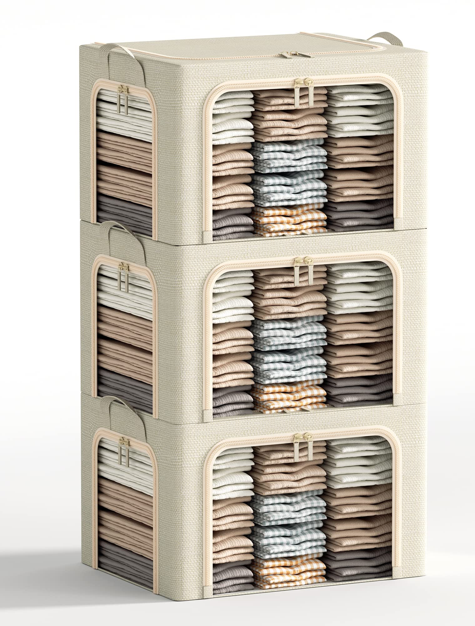 Furnhome 3 Opeings Clothes Storage Bins with Metal Frame, Foldable Clothes Organizes and Storage, Fabric Storage Box with Clear Window, Stackable Storage Bins with Double Zippers＆ Durable Handles