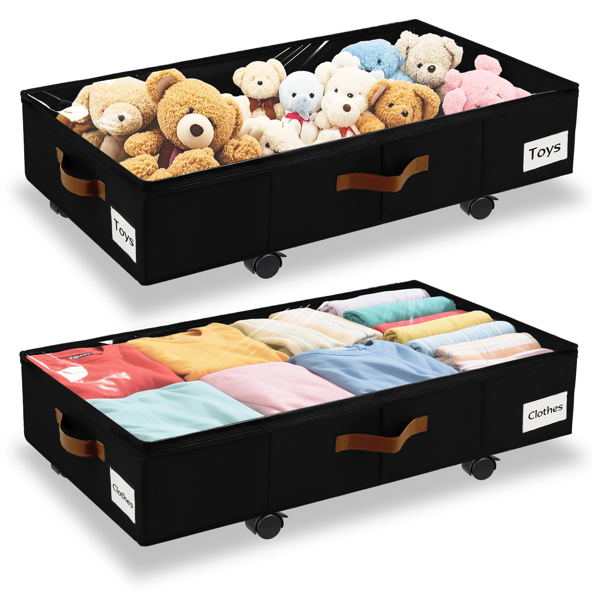 VatFott Under Bed Storage with Wheels,Underbed Storage with Sturdy Sidewalls/Bottom, Clear Cover, Label and PU Handle, Rolling Under Bed Drawers for Clothes, Shoes, Toys, Blankets