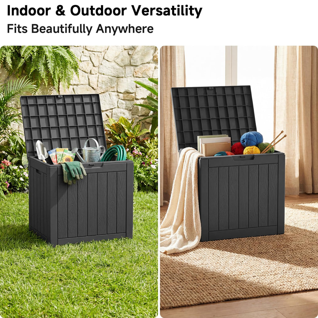PatioZen Outdoor Deck Box,Waterproof Resin Outdoor Storage Boxes, Outside Storage Lockable Container for Garden Tools,Indooor Cushions,Accessories