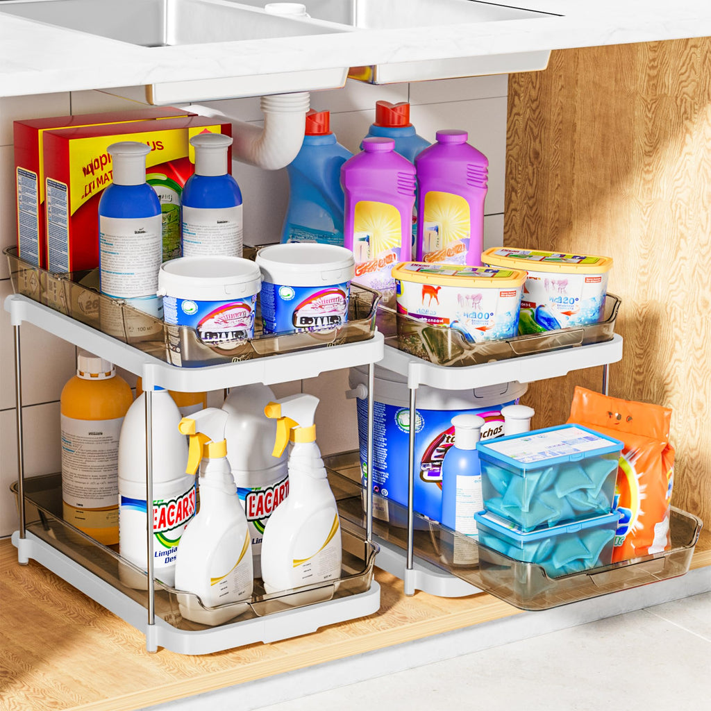 Delamu 2-Tier Multi-Purpose Bathroom Under Sink Organizers and Storage, Stackable Kitchen Pantry Organization, Pull Out Medicine Cabinet Organizer with Movable Dividers