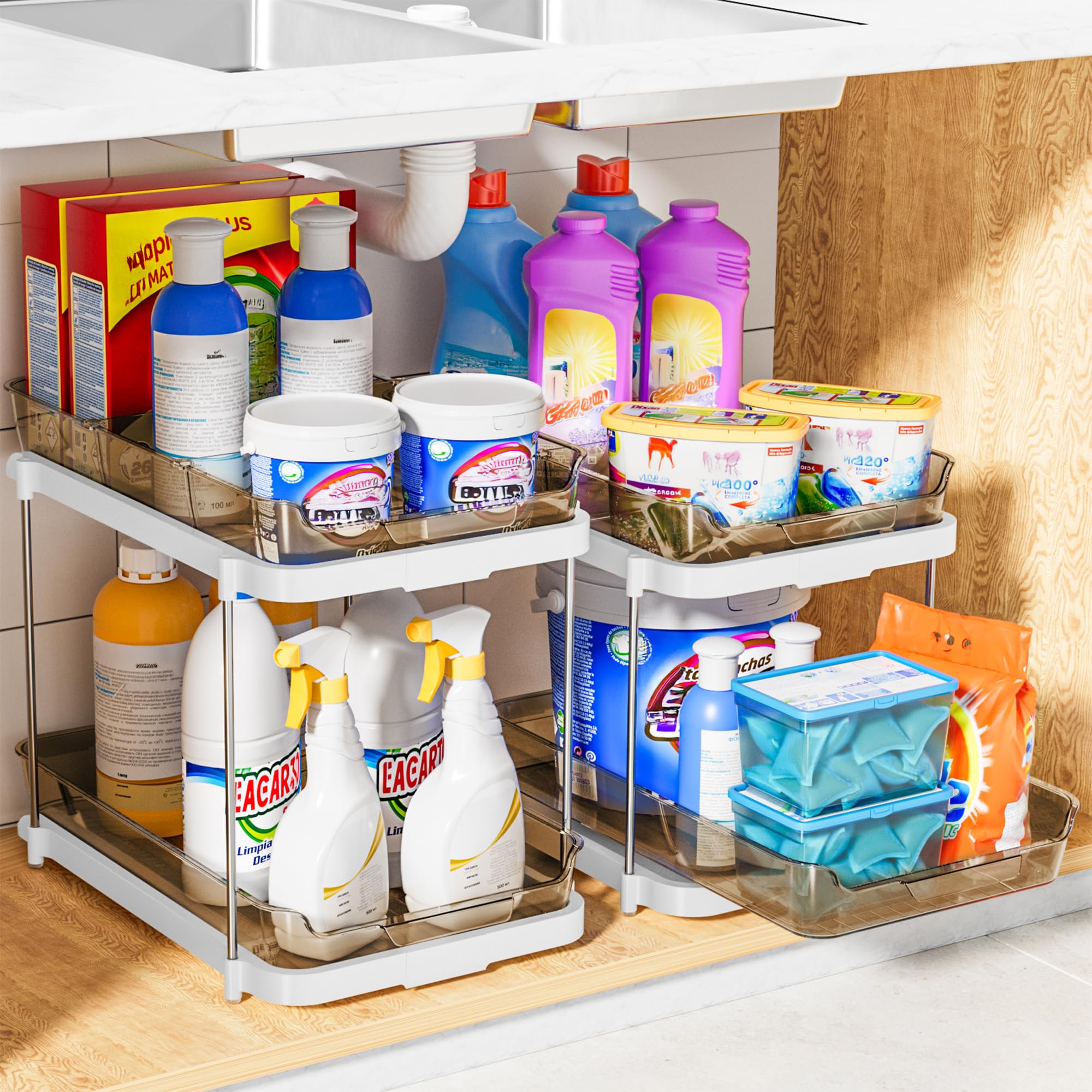Delamu 2-Tier Multi-Purpose Bathroom Under Sink Organizers and Storage, Stackable Kitchen Pantry Organization, Pull Out Medicine Cabinet Organizer with Movable Dividers