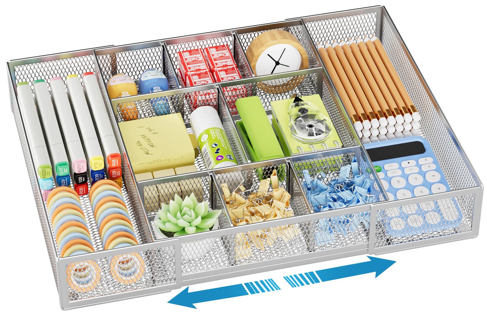 Marbrasse Expandable Desk Drawer Organizer with 10 Adjustable Compartments, Mesh Tray for Office Supplies, Makeup & Vanity