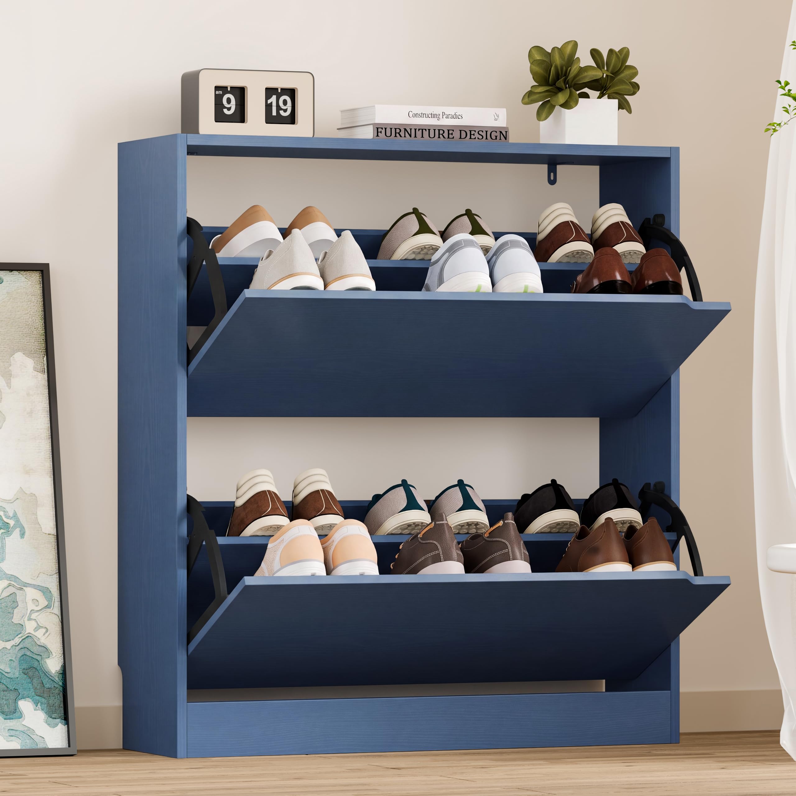 BORNOON Shoe Cabinet, Slim Narrow Shoe Storage Cabinet, Freestanding Shoe Organizer with Adjustable & Removable Shelves, Top Display Shelf for Entryway, Hallway, Foyer, Closet