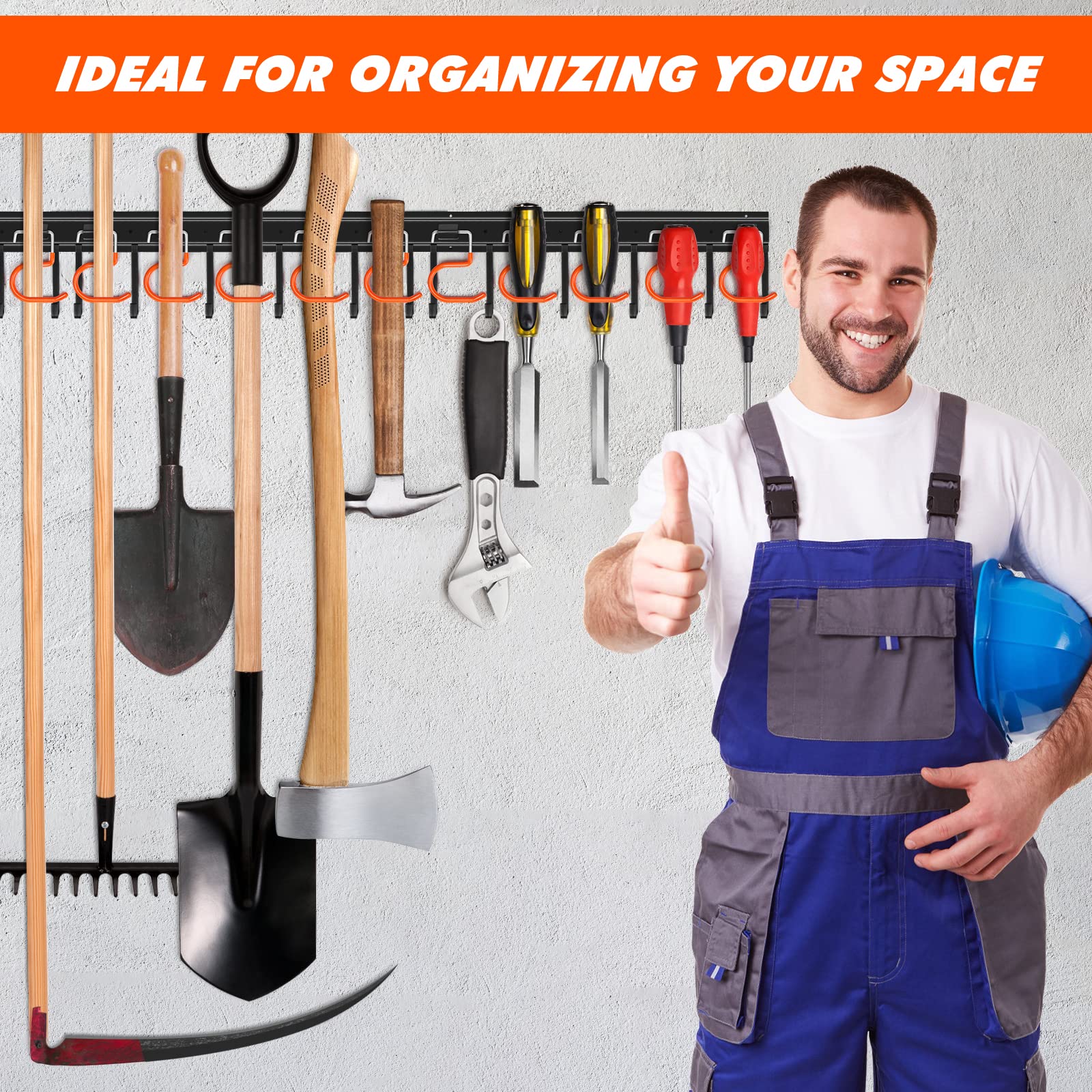 TVKB All Metal Garden Tool Organizer Adjustable Garage Tool Organizer Wall Mount Garage Organizers and Storage with Heavy Duty Hooks Tool Hangers for Garage Wall, Shed, Garden