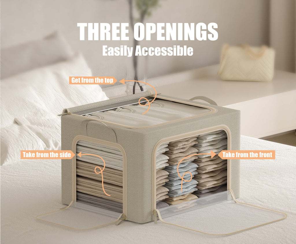Furnhome 3 Opeings Clothes Storage Bins with Metal Frame, Foldable Clothes Organizes and Storage, Fabric Storage Box with Clear Window, Stackable Storage Bins with Double Zippers＆ Durable Handles