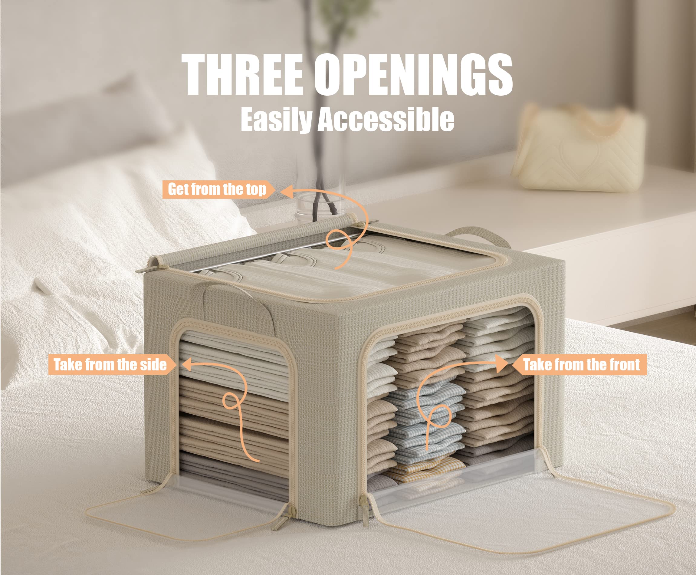 Furnhome 3 Opeings Clothes Storage Bins with Metal Frame, Foldable Clothes Organizes and Storage, Fabric Storage Box with Clear Window, Stackable Storage Bins with Double Zippers＆ Durable Handles