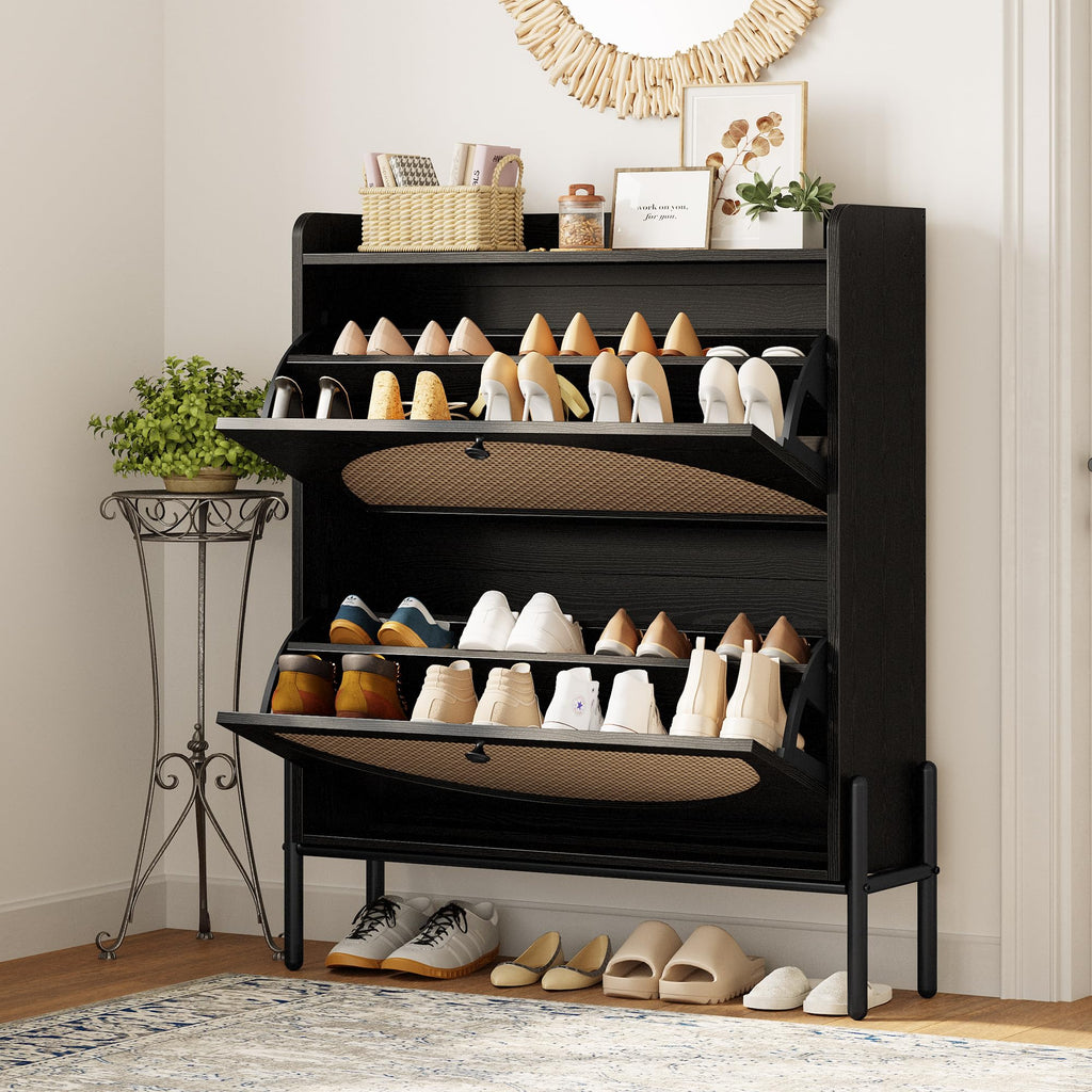 IRONCK Shoe Cabinet Storage with 2 Flip Drawers, Free Standing Wooden Shoe Storage Organizer Cabinet with Rattan Doors for Entryway, Narrow Shoe Rack Cabinet