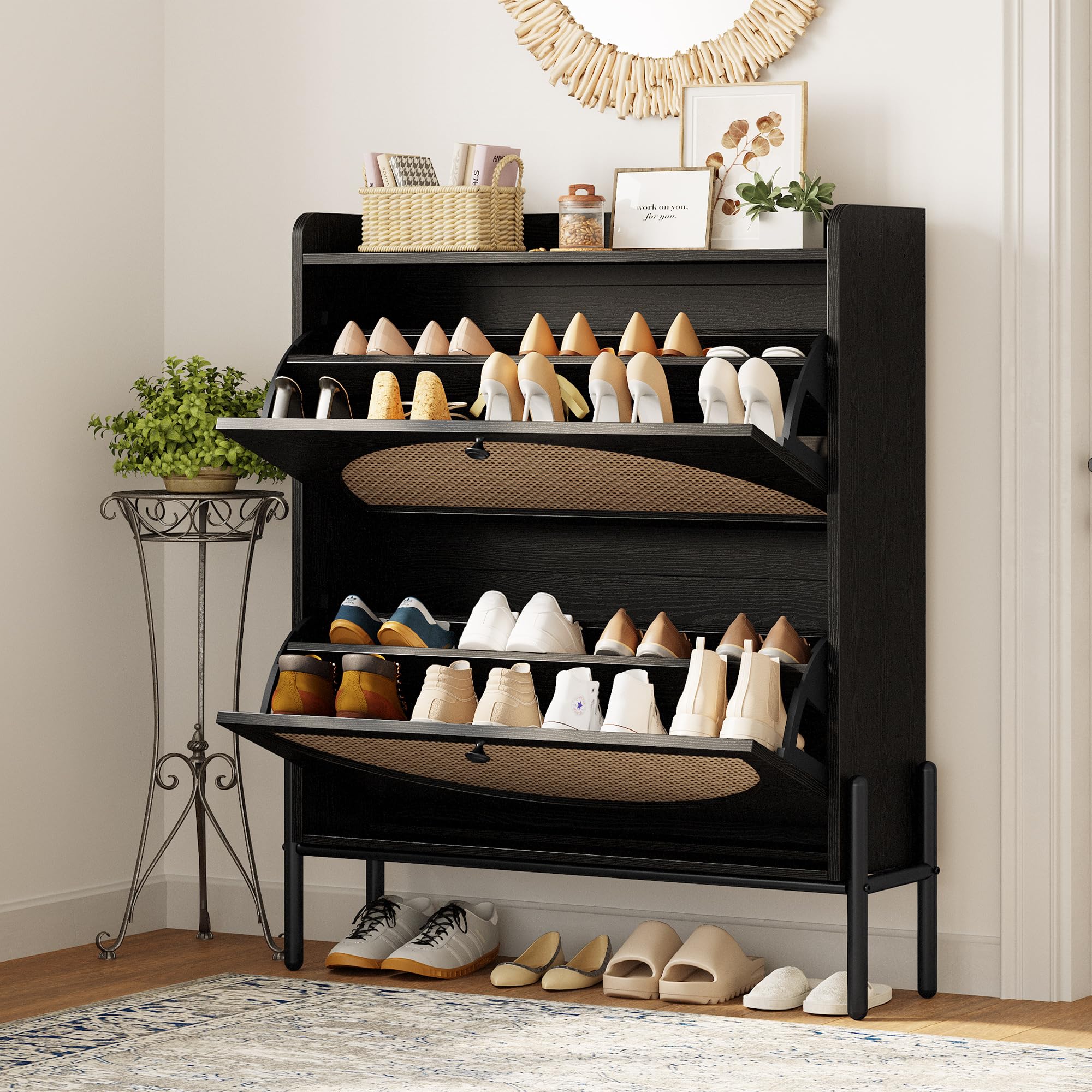 IRONCK Shoe Cabinet Storage with 2 Flip Drawers, Free Standing Wooden Shoe Storage Organizer Cabinet with Rattan Doors for Entryway, Narrow Shoe Rack Cabinet