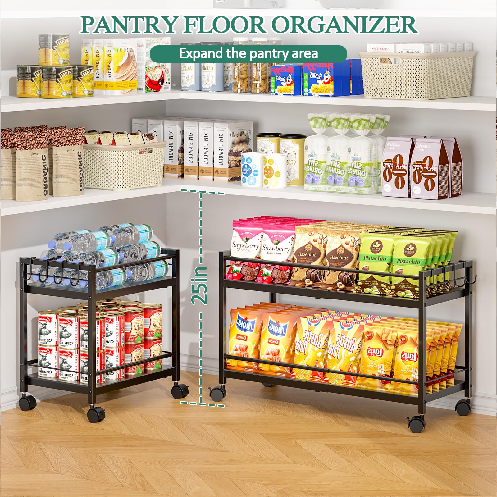 3IngSeagulls 2-Tier Expandable Rolling Pantry Cart with Wheels, Adjustable Floor Organizer for Kitchen Pantry, Can Organizer for Pantry, Storage Cart for Snack, Food, Vegetables, Patent Pending
