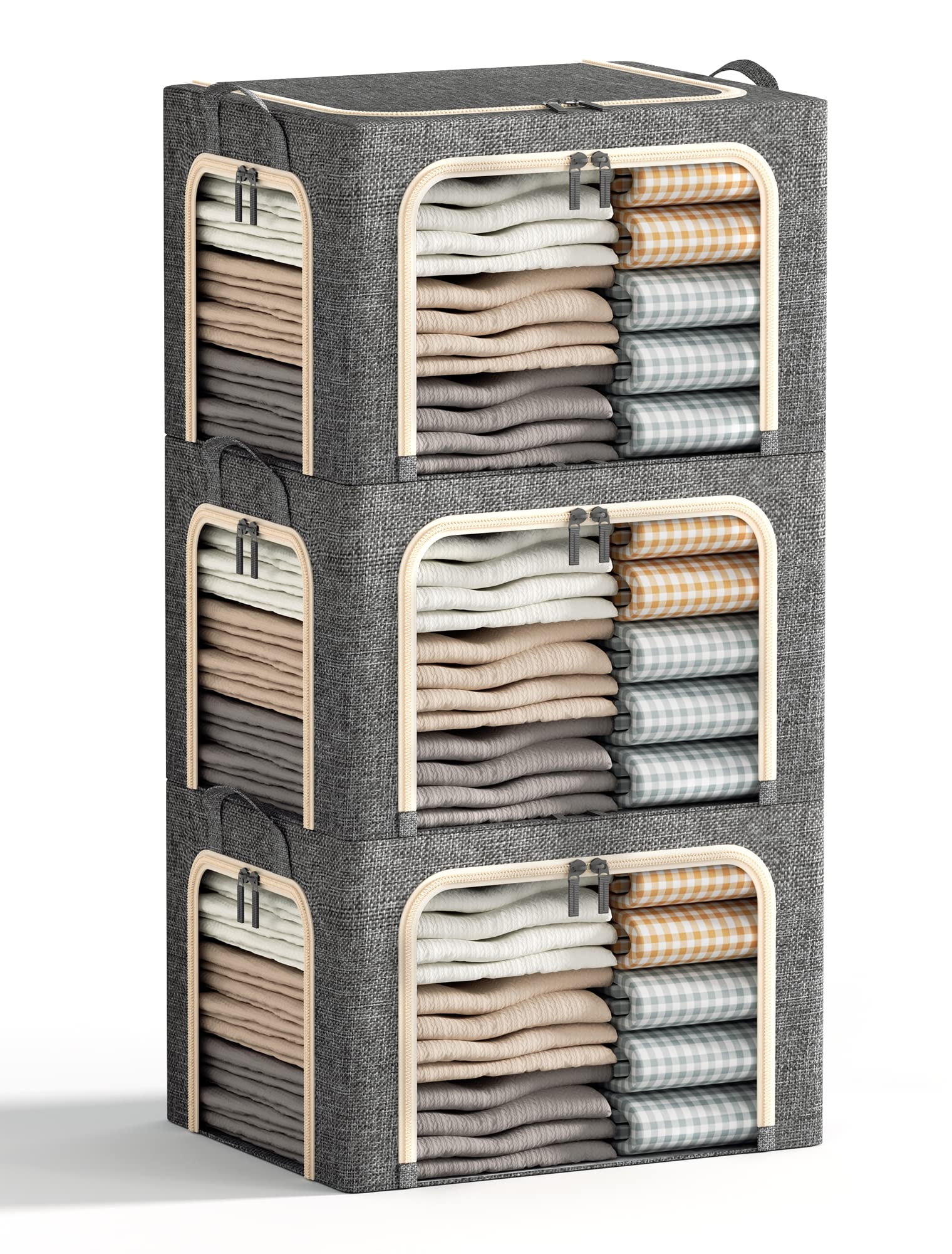 Furnhome 3 Opeings Clothes Storage Bins with Metal Frame, Foldable Clothes Organizes and Storage, Fabric Storage Box with Clear Window, Stackable Storage Bins with Double Zippers＆ Durable Handles