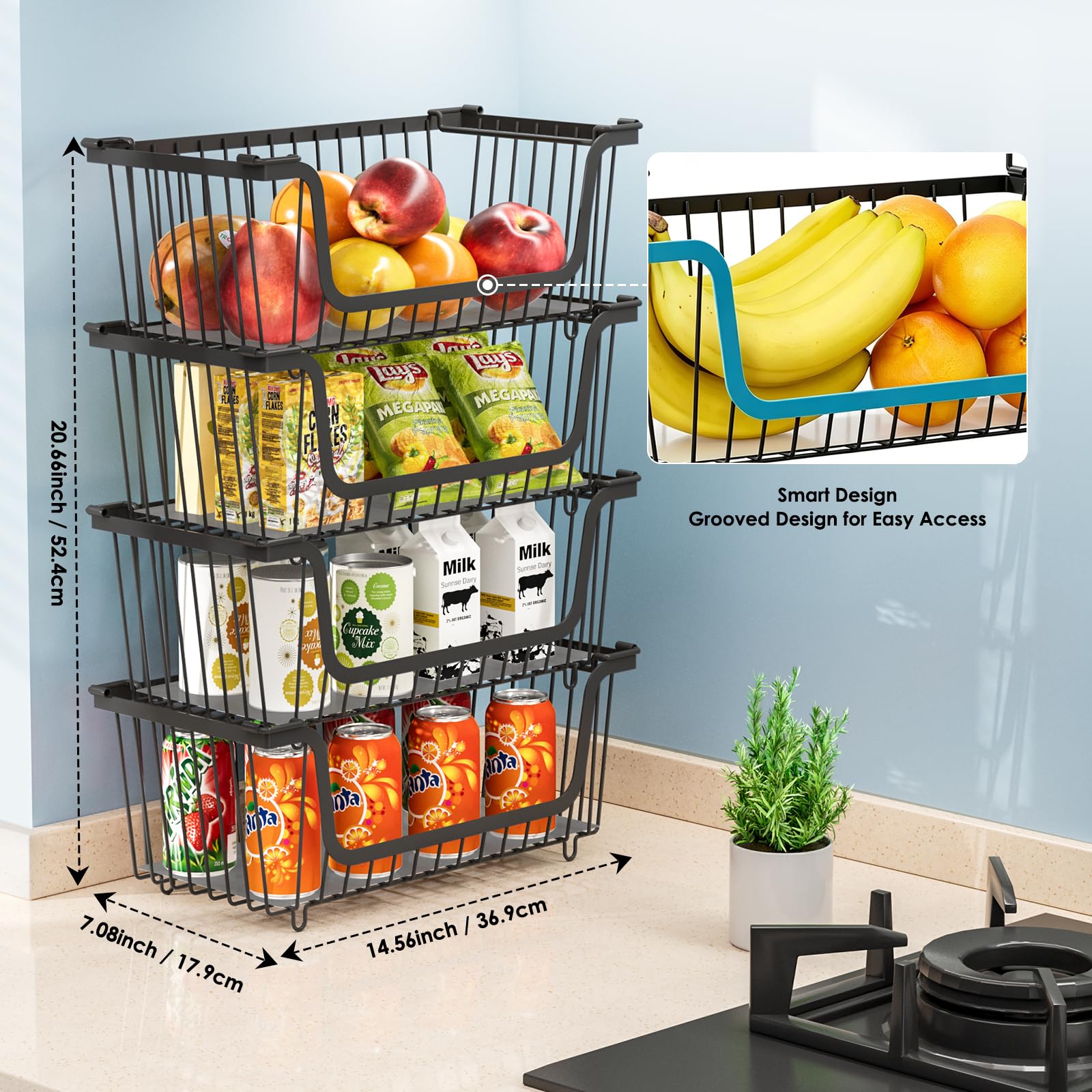 GAOKASE 4 Pcs Stackable Wire Baskets for Pantry Organizers and Storage,Vegetable Fruit Basket for Countertop,Kitchen Storage Metal Baskets,Produce Potato Onion Storage Bin