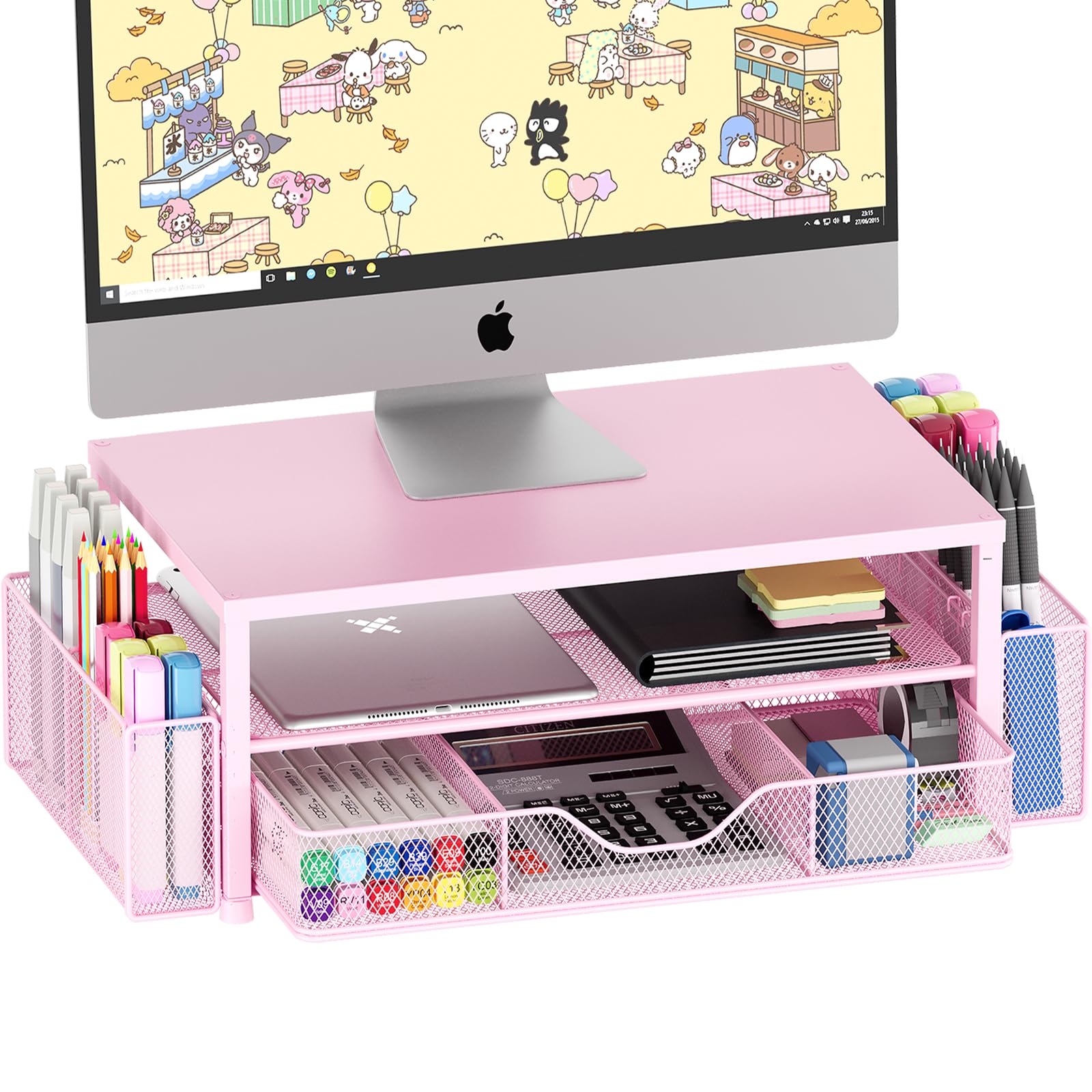 OPNICE Desk Organizer and Accessories, Computer Monitor Stand Riser with Drawer and 2 Pen Holders, Laptop Stand, Office Desk Accessories for Office Supplies