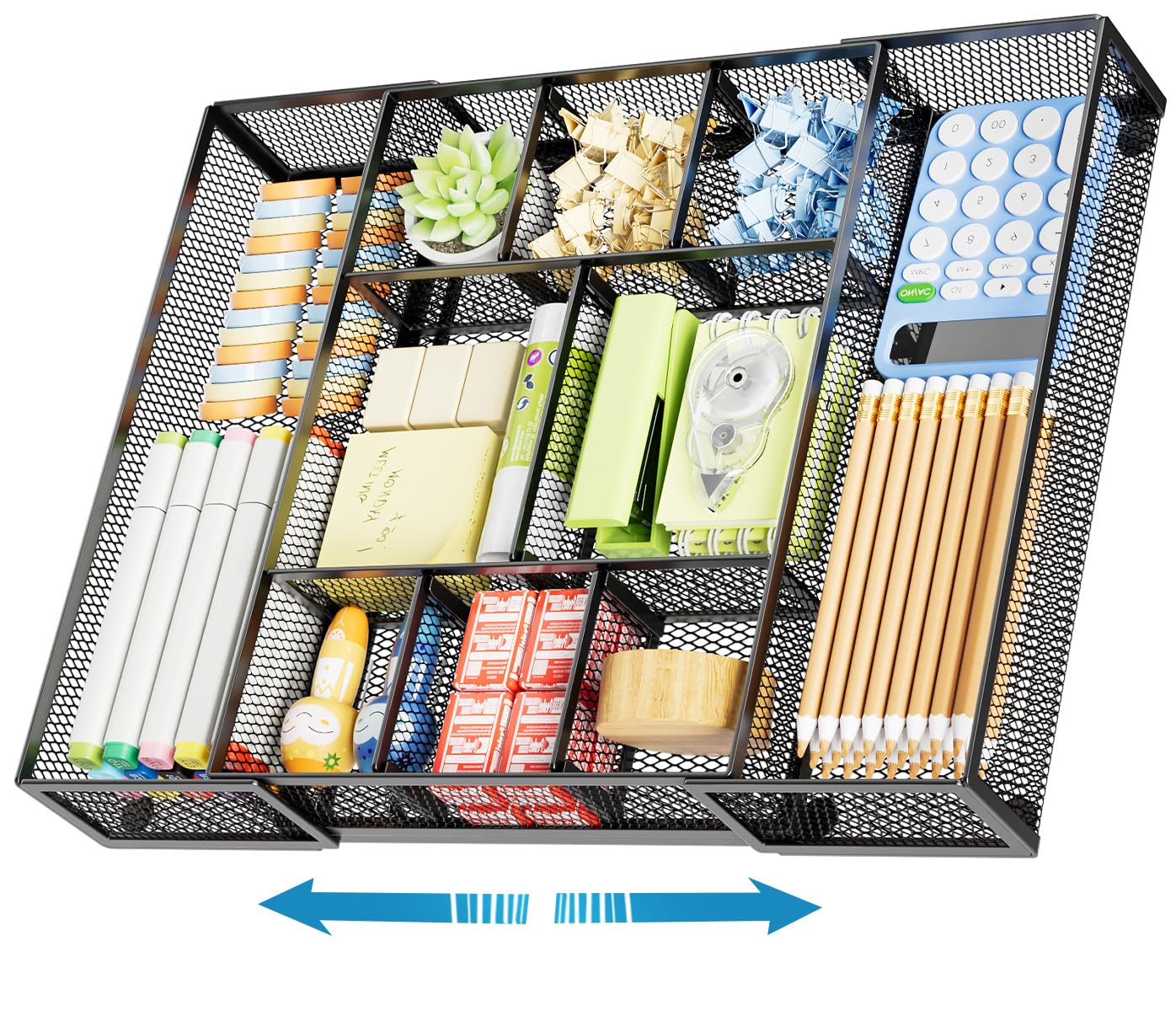 Marbrasse Expandable Desk Drawer Organizer with 10 Adjustable Compartments, Mesh Tray for Office Supplies, Makeup & Vanity