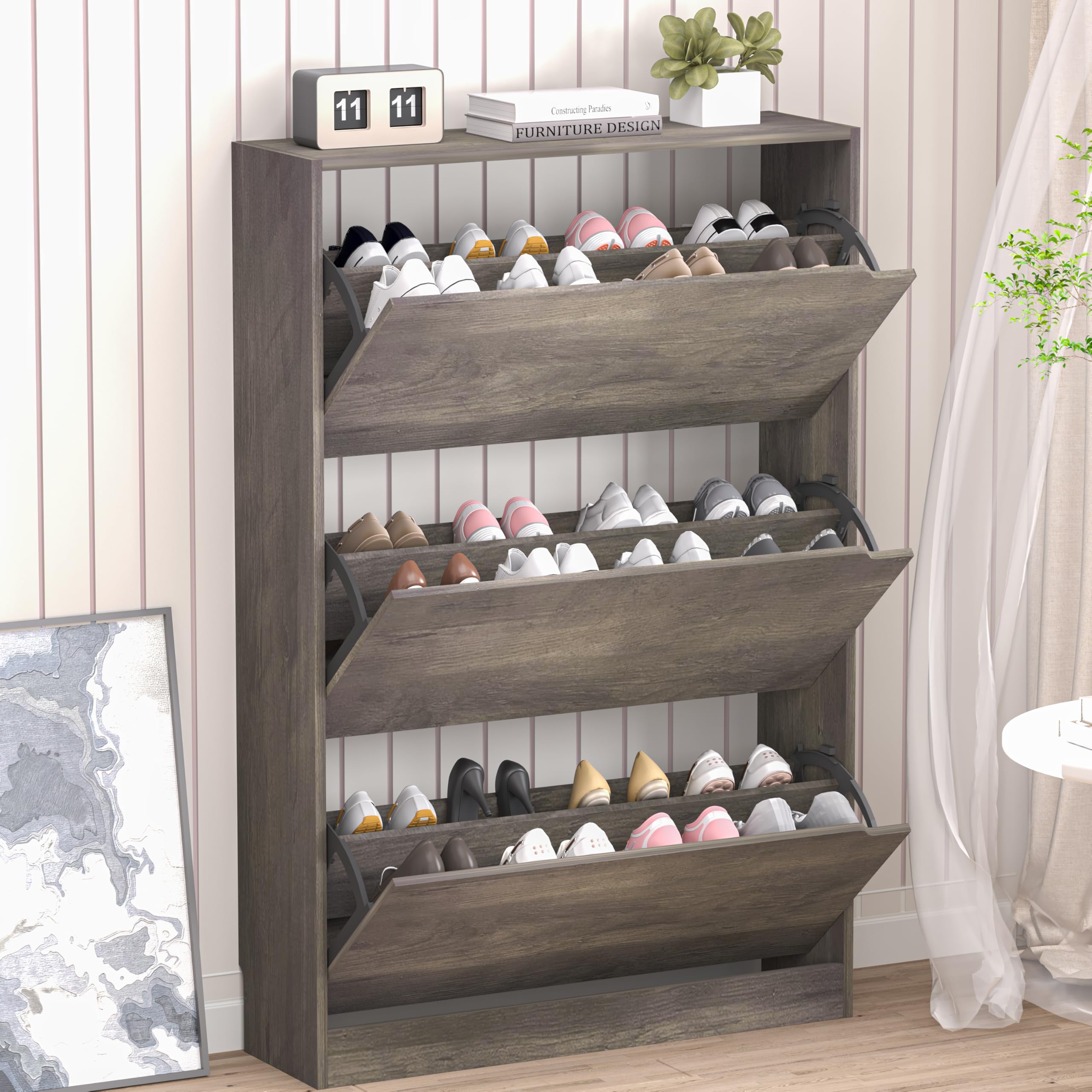 BORNOON Shoe Cabinet, Slim Narrow Shoe Storage Cabinet, Freestanding Shoe Organizer with Adjustable & Removable Shelves, Top Display Shelf for Entryway, Hallway, Foyer, Closet