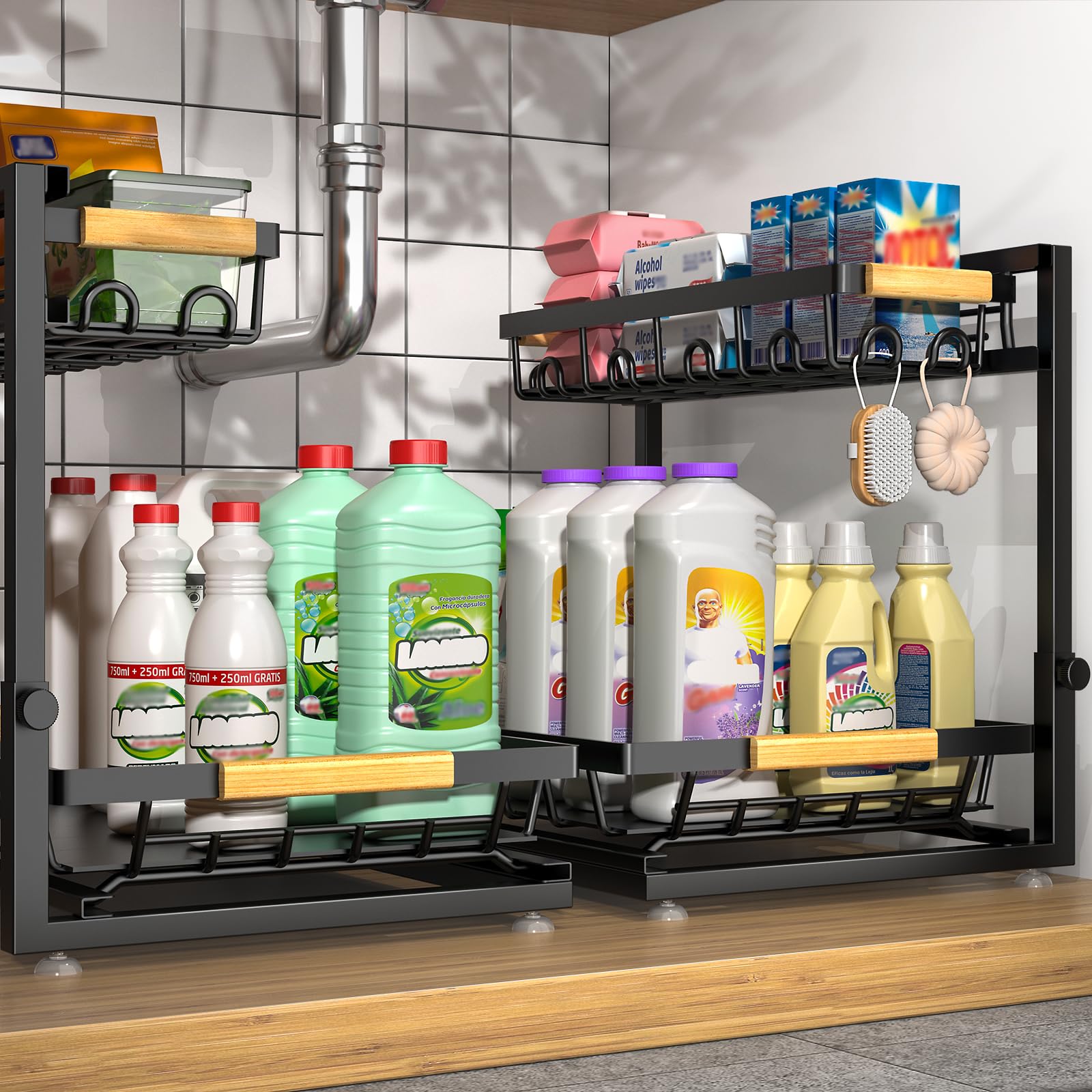 Sevenblue 2 Packs Under Sink Organizer, Height Adjustable 2 Tier Under Kitchen Sink Organizer, Multi-Purpose Storage Shelf for Kitchen Bathroom Cabinet