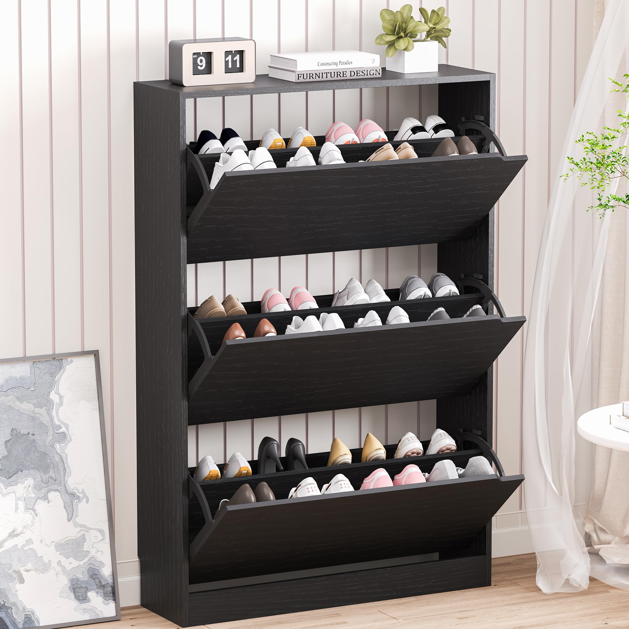 BORNOON Shoe Cabinet, Slim Narrow Shoe Storage Cabinet, Freestanding Shoe Organizer with Adjustable & Removable Shelves, Top Display Shelf for Entryway, Hallway, Foyer, Closet