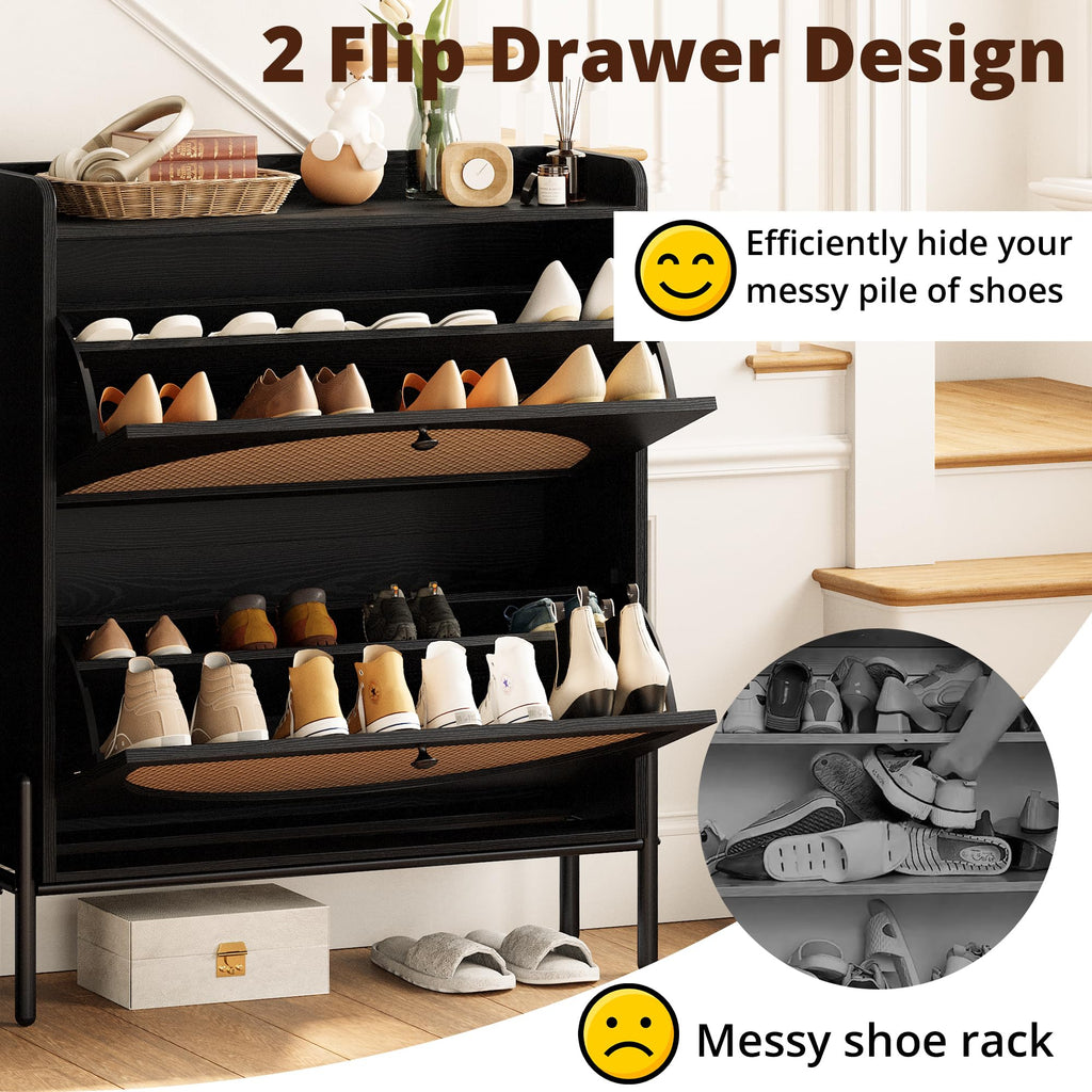 IRONCK Shoe Cabinet Storage with 2 Flip Drawers, Free Standing Wooden Shoe Storage Organizer Cabinet with Rattan Doors for Entryway, Narrow Shoe Rack Cabinet